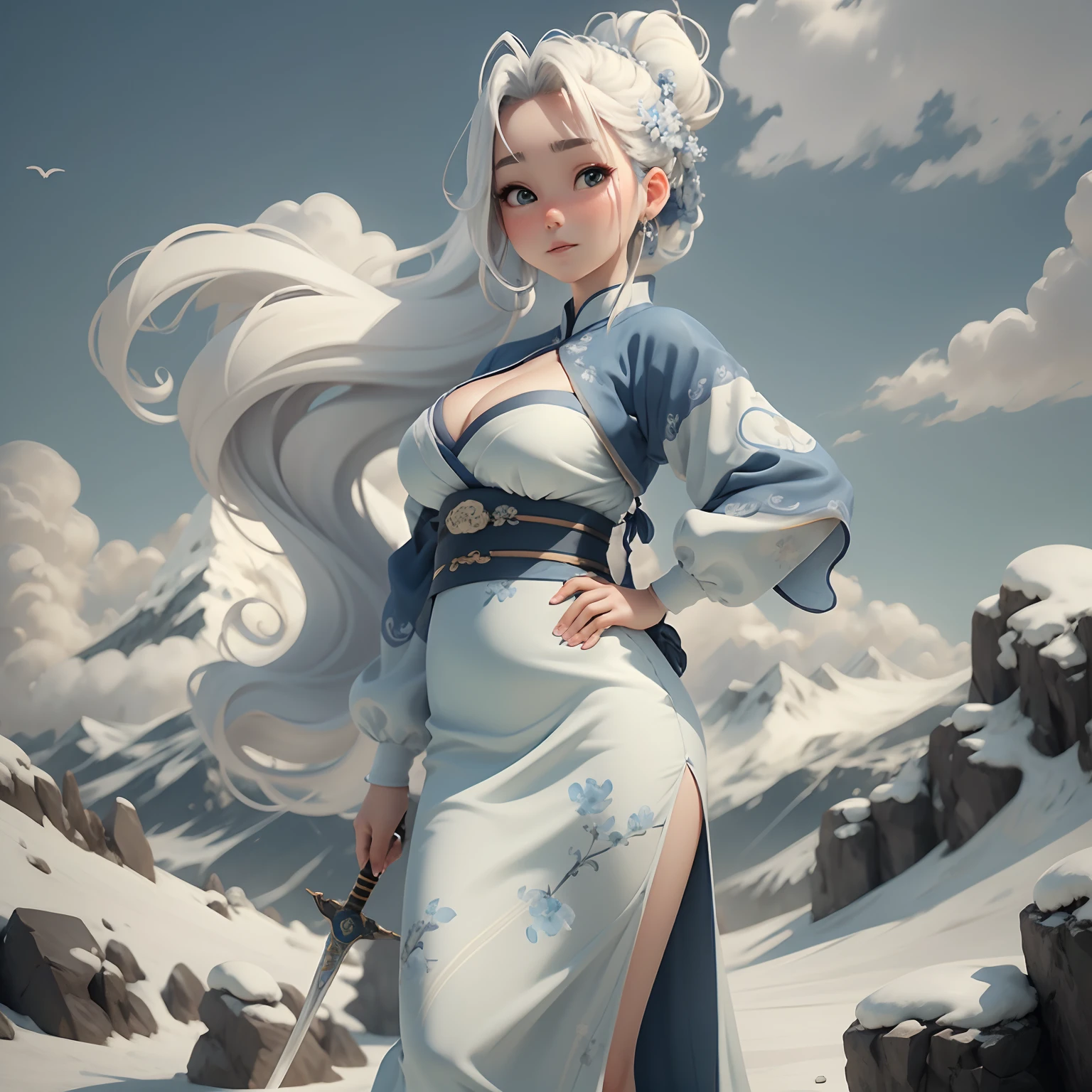 Young girls,Exquisite blue and white Hanfu, Wave the sword in your hand,Calm face, Perfect detail for the eye,Clear appearance, bun hairstyle, Light-colored hair,High ponytail,long whitr hair, Stand on a high mountain,Green mountains and white clouds background,Open scenery,Chinese style, closeup cleavage,Best quality at best,4k画质,Ultra-high sharpness,k hd,8K,
