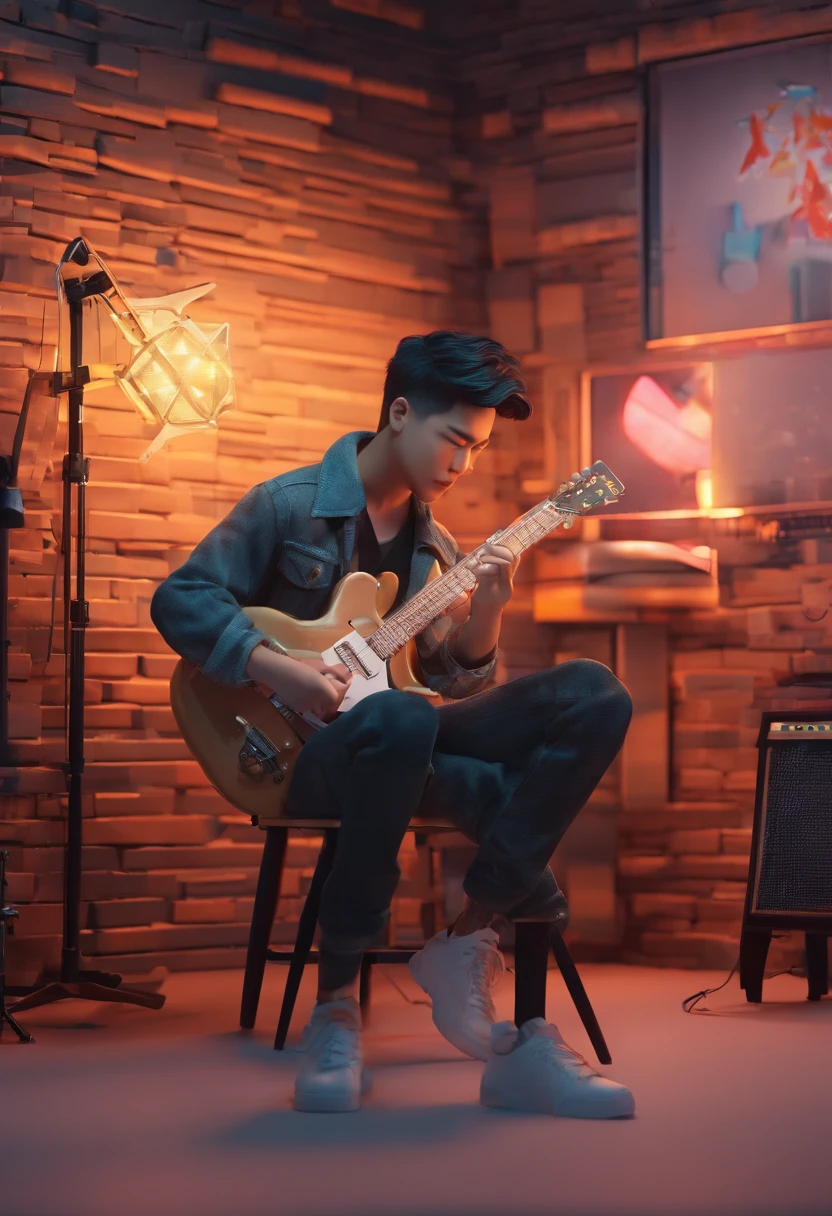 Cute asian sexy man with guiter sit on the chair and write a song studio room/moody tone / full body view