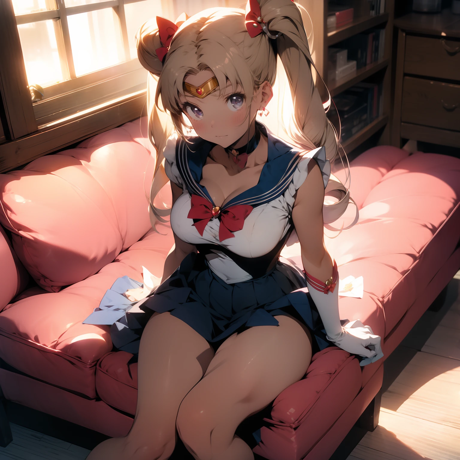 (masterpiece),(sailor moon) best quality, full-body shot, expressive eyes, perfect face, 1girl, medium breast, good breast, beautiful, gorgeous ,round breast, sitting on a couch, blonde girl, medium shot, indoors, lab, cleavage, aausagi, double bun, twintails, parted bangs, circlet, jewelry, earrings, choker, red bow, white gloves, elbow gloves, blue skirt, feminine, blushing, Serena from "sailor moon", masturbation from below, Grab your own breasts, One girl, sit on the floor, Spread your legs, Raise your legs