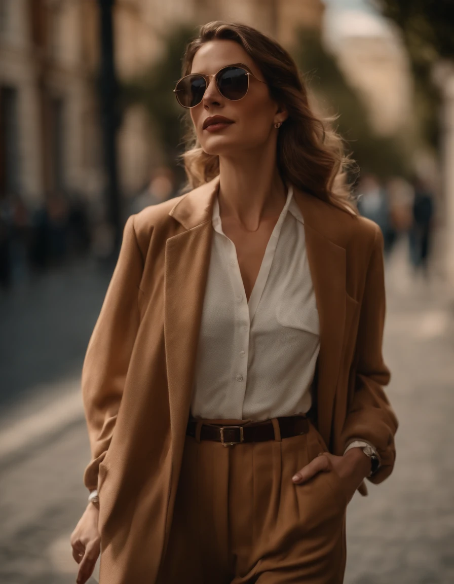 woman dressed casual, casual mood, with oversized retro clothes, walks in the street, low angle shot, half length shot, sunny day, high quality photo