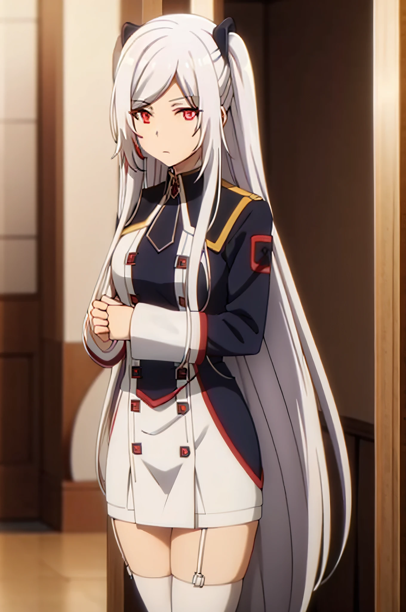 ,Unzen, 1girl, long white hair, multicolored hair,red eyes, ,nurse,nurse cap,nurse suit, white thighhighs, standing , hospital,hospital be