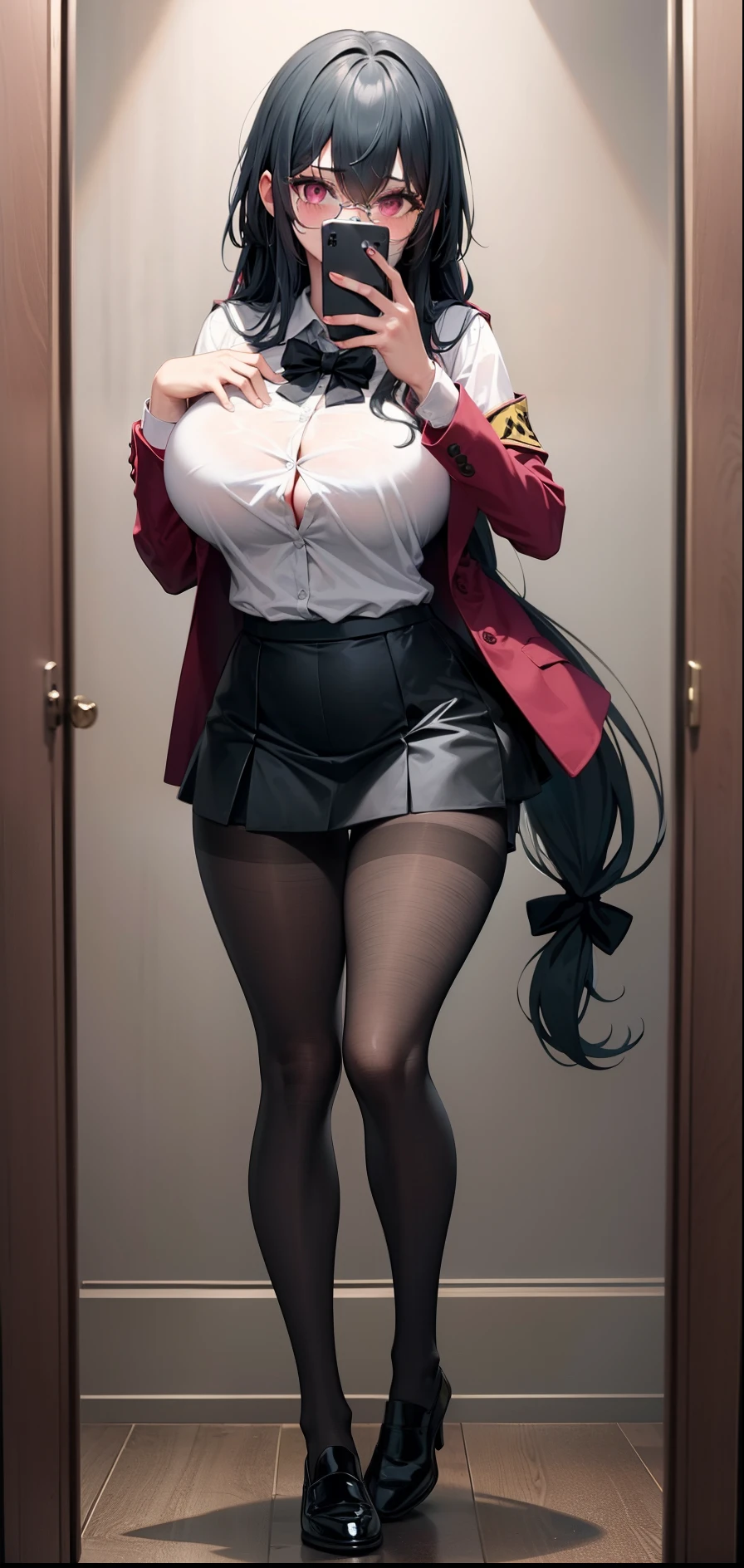 1girl,huge breasts, very long hair,open jacket,white shirt, skirt, bedroom, sadist, standing, bewitching thighs, pantyhose, selfie, a handphone, full body, pink eyes,