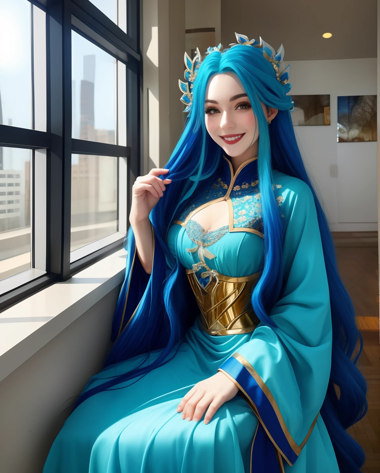 1girl, blue_hair, breasts, dress, hair_ornament, indoors, lips, long_hair, long_sleeves, looking_at_viewer, smile, solo, very_long_hair, window, smile, lovely, original, focus on face, overexposure