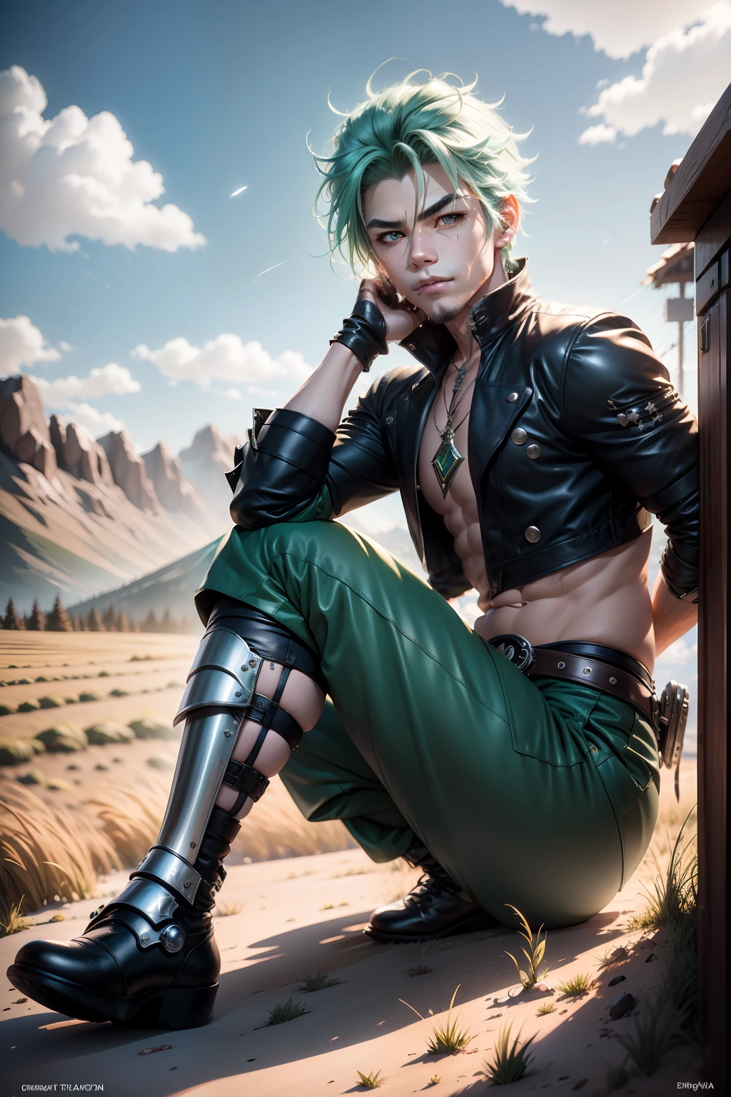 sakuya, Magic punk style, unbelievable Ridiculous, concept-art, Best quality, Perfect lighting, illustration, vanishing point, Sitting, view the viewer, Mature male characters, 1boys, (No mouth:1.3), Male focus, Masculine, Green hair, dyed bangs, Sparkling eyes, Wearing (Dreamy style crotch and shin guard:1.1), wheat field, Fine background, amazing background