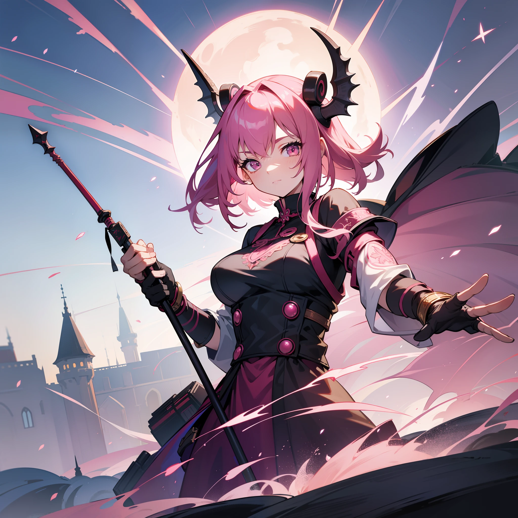 msterpiece), best quality, 1girl, warrior, holding_magic staff, casting red magic, , castles, glowing, wide shot, flying, acient temples, intricate details, pink particles swirling , EnvyBeautyMix23, fantastic vibe, finalfantasy, perfect anatomy, , KATARINA, EpicLogo, urban techwear, outfit, facing_viewer, dragon ear, mecha musume,