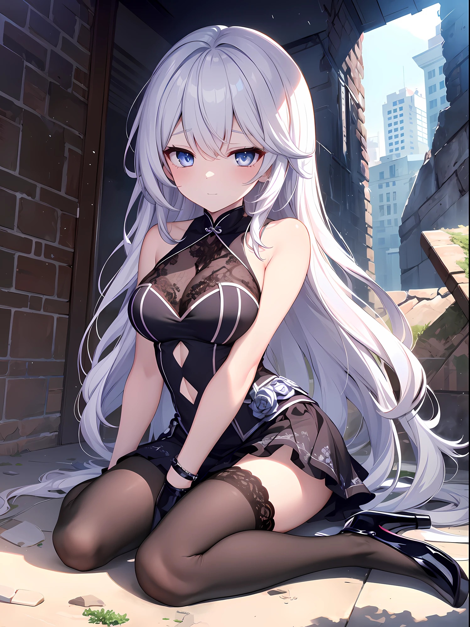 ((masterpiece)), ((Best Quality)), (ultra-detailed), ((extremely detailed)), 4K, (8K), best quality, top-quality, anime style,1girl, solo, The most detailed skin, Black bustier, metallic silver mini skirt, lace black stockings, silver studded high heels, silver arm bands, //, Stunned expression, Girl with troubled face, Ecstasy, (sexual expression), smile, blush, Red face, //, large breasts, voluptuous body, //, Side up long wavy hair, Deep Silver hair color, (beautiful eyes), pink-skinned, //, Foggy crumbling buildings and arches, (thick lines:1.2),