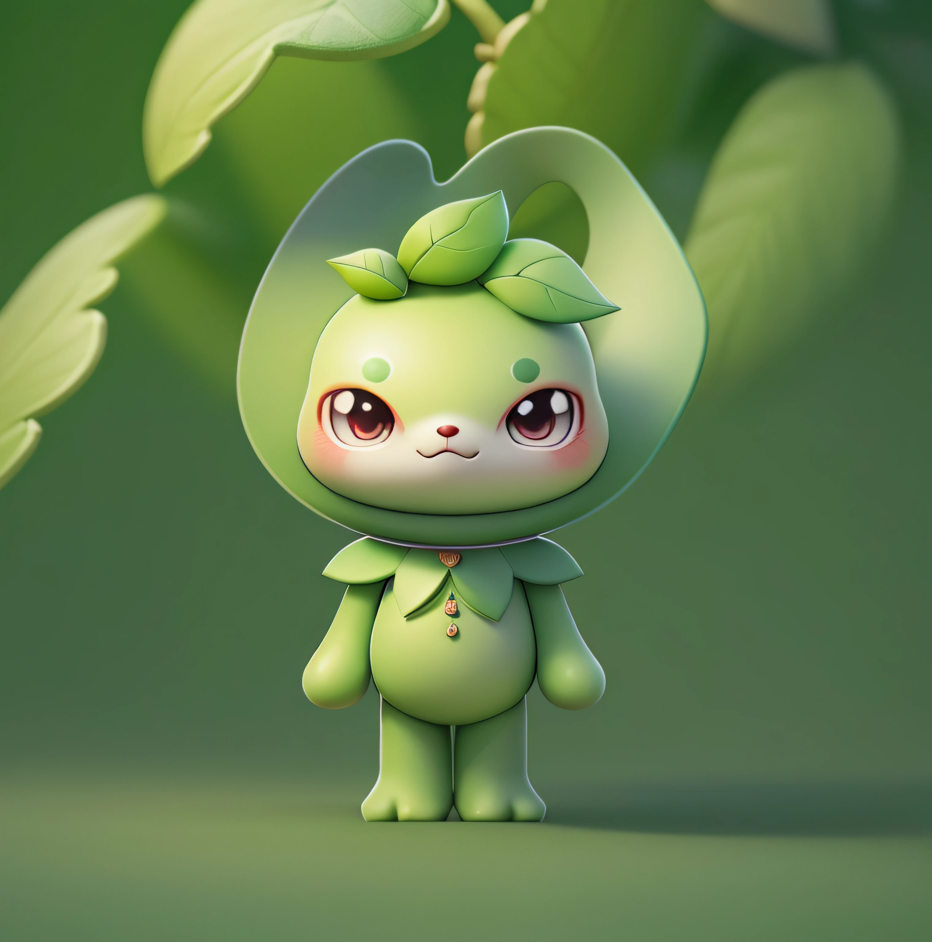 A green 3D character with three leaves on its head, an elf character dressed in green, a cute 3D rendering, a cute 3D, Pixar, anime elf character rendering, a cute forest creature, a cute elf character, a full body mascot, its name is Bai La Shu, with full body clothing, a fluffy green belly, wearing a laurel wreath, its name is Bai La Shu, a plant monster, a cute 3D image, and a cute detailed digital art, Explorer mini cute characters, 3D rendering programming, 3D rendering character art, 8k, cute digital painting, anime style, super detailed rendering, clean background