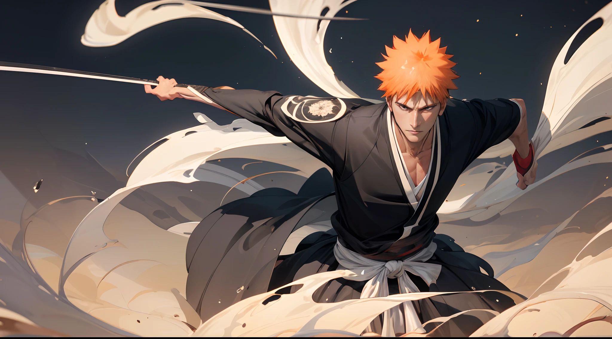 (masterpiece, best quality:1.2), solo, male focus, 1boy, Kurosaki Ichigo (Bleach) , slight smile, looking at viewer, short orange hair, brown eyes, japanese clothes, black kimono, dynamic pose, detailed gorgeous face, 30-megapixel, 4k, 85mm lens, sharp focus, intricately detailed, long exposure time, f/8, ISO 100, shutter speed 1/125, diffuse back lighting, award winning photograph, facing camera, looking into camera, monovisions, perfect contrast, High sharpness, facial symmetry, depth of field, ultra-detailed photography, raytraced, global illumination, TanvirTamim, smooth, ultra high definition, 8k, unreal engine 5, ultra sharp focus, award-winning photograph, trending on artstation,((full body, Kurosaki Ichigo (Bleach) , shinigami, bleach, intricate background, anime,espada, 1boy, perfect anatomy, upper body, 1person, 1boy, landscape art, intricate detail))