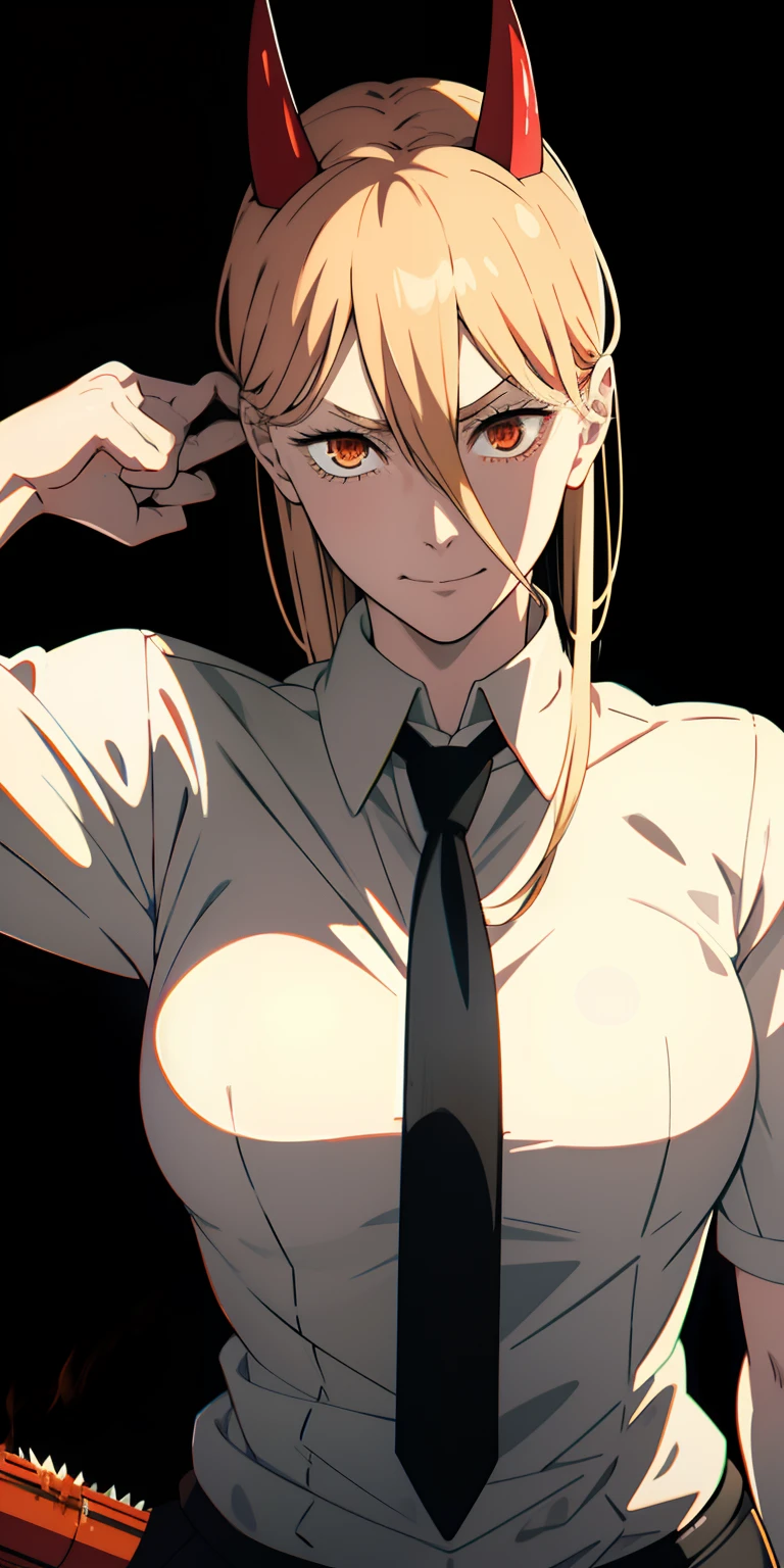 power \(chainsaw man\), best quality, ultra detailed, 1girl, solo, standing, blond hair, red eyes, red horn, bangs, medium breasts, white shirt, necktie, stare, smile, (evil:1.2), looking at viewer, (interview:1.3), (dark background), sitting, ((1girl)), bottomless, beautiful, masterpiece, best quality, shiny skin, gun hand pose, facing at viewer, power \(chainsaw man\)