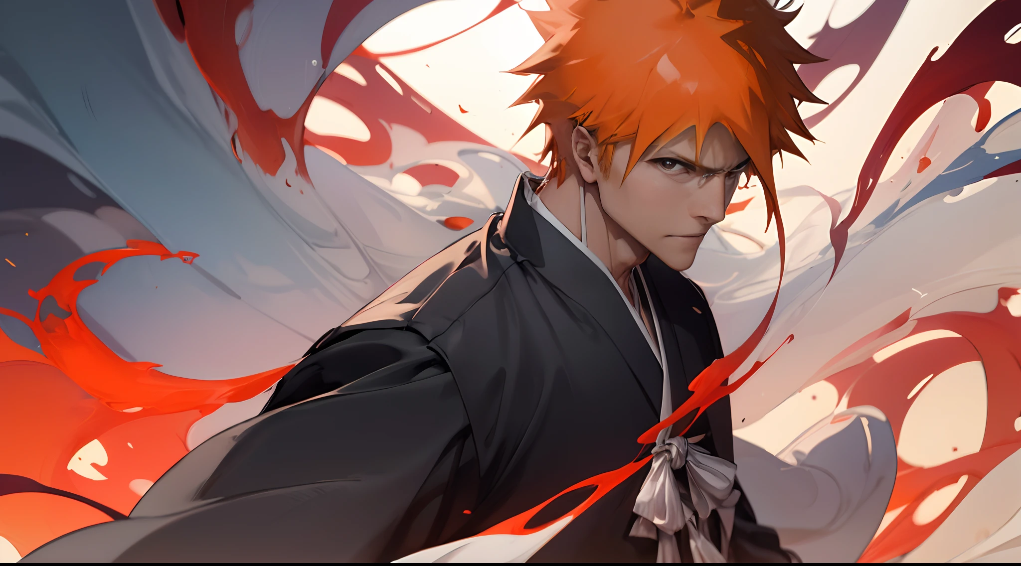 (masterpiece, best quality:1.2), solo, male focus, 1boy, Kurosaki Ichigo (Bleach) , slight smile, looking at viewer, short orange hair, brown eyes, japanese clothes, black kimono, dynamic pose, detailed gorgeous face, 30-megapixel, 4k, 85mm lens, sharp focus, intricately detailed, long exposure time, f/8, ISO 100, shutter speed 1/125, diffuse back lighting, award winning photograph, facing camera, looking into camera, monovisions, perfect contrast, High sharpness, facial symmetry, depth of field, ultra-detailed photography, raytraced, global illumination, TanvirTamim, smooth, ultra high definition, 8k, unreal engine 5, ultra sharp focus, award-winning photograph, trending on artstation,((full body, Kurosaki Ichigo (Bleach) , shinigami, bleach, intricate background, anime,espada, 1boy, perfect anatomy, upper body, 1person, 1boy, landscape art, intricate detail))