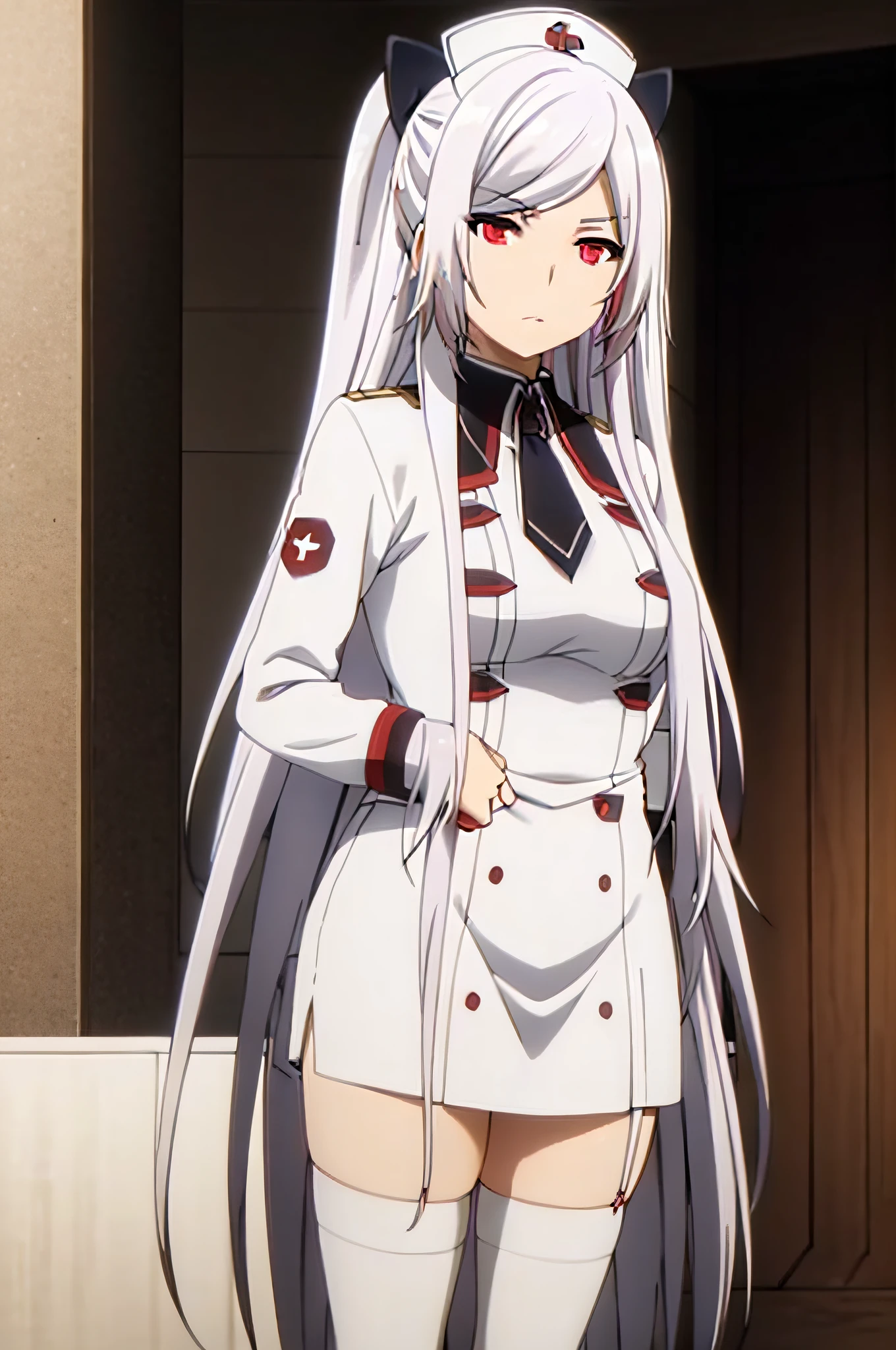 ,Unzen, 1girl, long white hair, multicolored hair,red eyes, ,nurse,nurse cap,nurse suit, white thighhighs, standing , hospital,hospital be