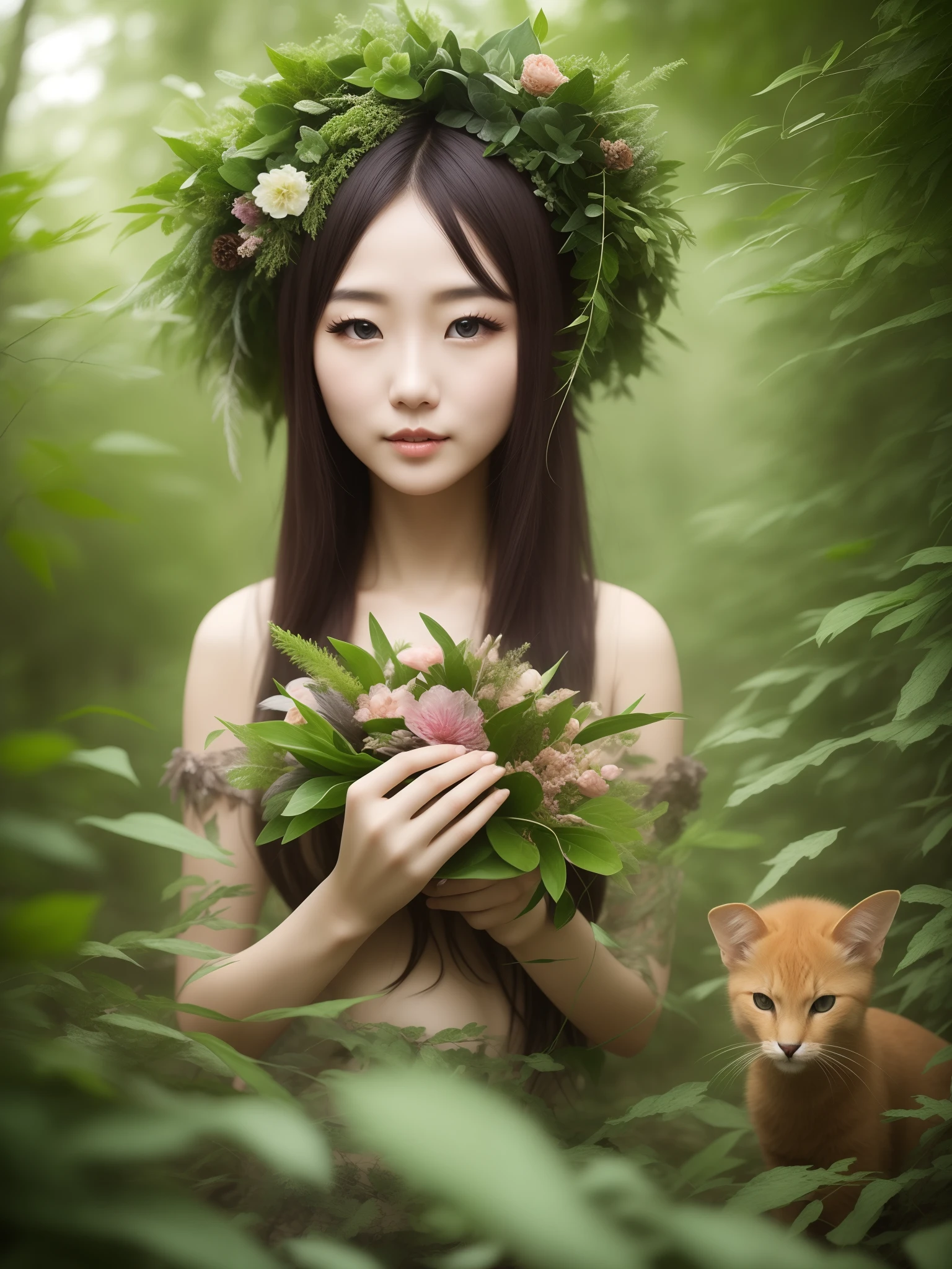 forest fae、4k、beatuful nature、large transparent feathers、appearance々Together with animals、