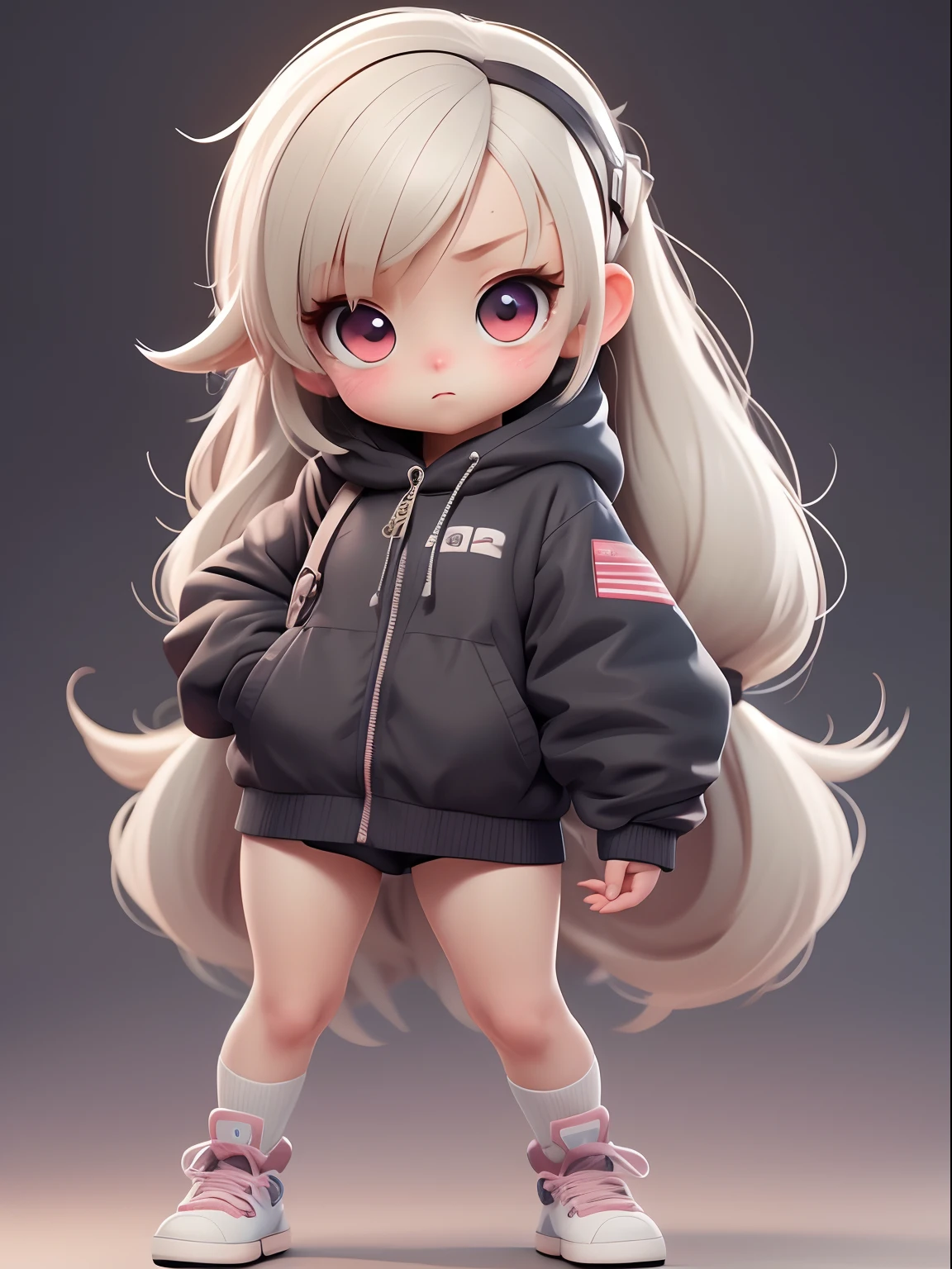 interesting,Realistic anime 3D style, Standing model girl,Big bright eyes,Light-colored hair,Fine hair,Cool clothes,Detail and 8K resolution. Solid background pattern, (full bodyesbian, including legs: 1.5)