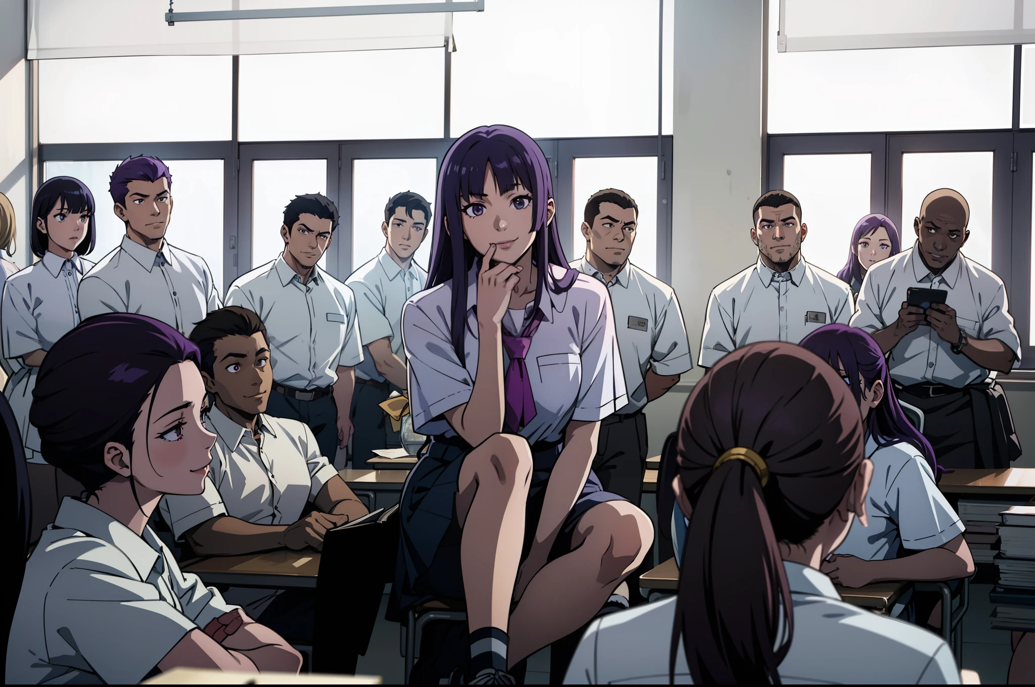 Anime scene, 1girl evil smile, purple hair highschool girl sitting in the classroom