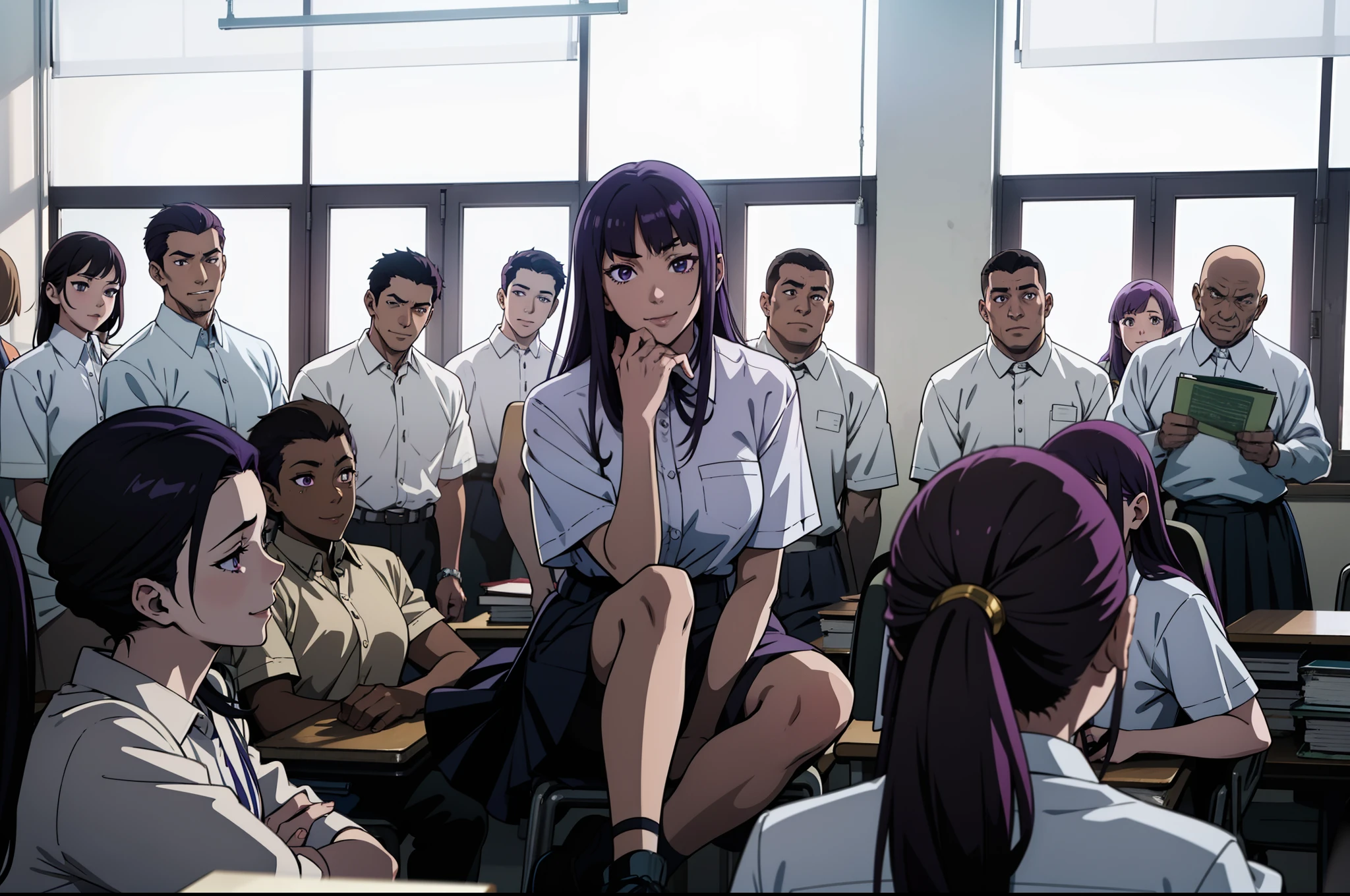 Anime scene, 1girl evil smile, purple hair highschool girl sitting in the classroom