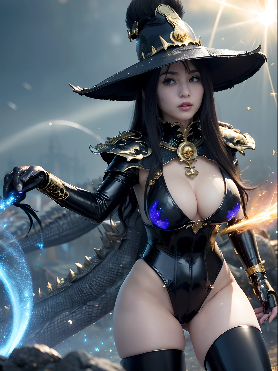 ((World of Darkness)),Professional , masterpiece、top-quality、photos realistic , depth of fields 、(((With a magic wand of gems))),(Dragon Black Metal Body:1.9),(latex black-blue、(cleavage of the breast)、(intense fighting),Dragon Gold Weapon、(((Particles of light))),(Micro Bikini Armor:1.7),Gorgeous gold weapons ,(Fight dragons)、Seductive look、,Blood on the face,Blood Rain,Blood fog、(blood splattere、((((With a shining magic wand))), ) , (((Wearing a black latex wizard hat))),(demonic wings) ,((a blond))、(Castle background)、((Gangle's forest background))、Beautiful Caucasian beauty、1a person、dynamic ungle,(((Detailed and ornate dragon wizard hat)))、Smaller head、A smile、Castle background、Thin and beautiful female hands、cleavage of the breast、Soldier in iron armor on background、Mystical expression、Light Effects、intense fighting、Wind-effect、magic circles、With the legendary magic wand、Dragon's tail、explosions、Toostock、Toostock、(a beauty girl),