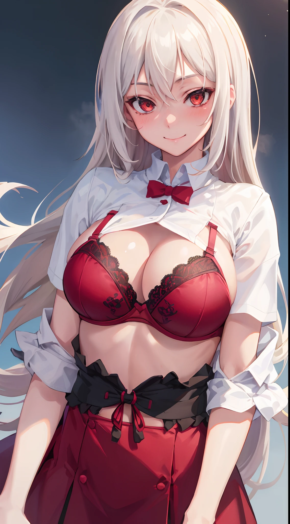 masterpiece, best quality, AliceKV4, 1girl, solo, looking at viewer, smile, anime coloring, standing,((((upper body)))), (blushed, bra, healthy skin), authority, white hair, red eyes,
