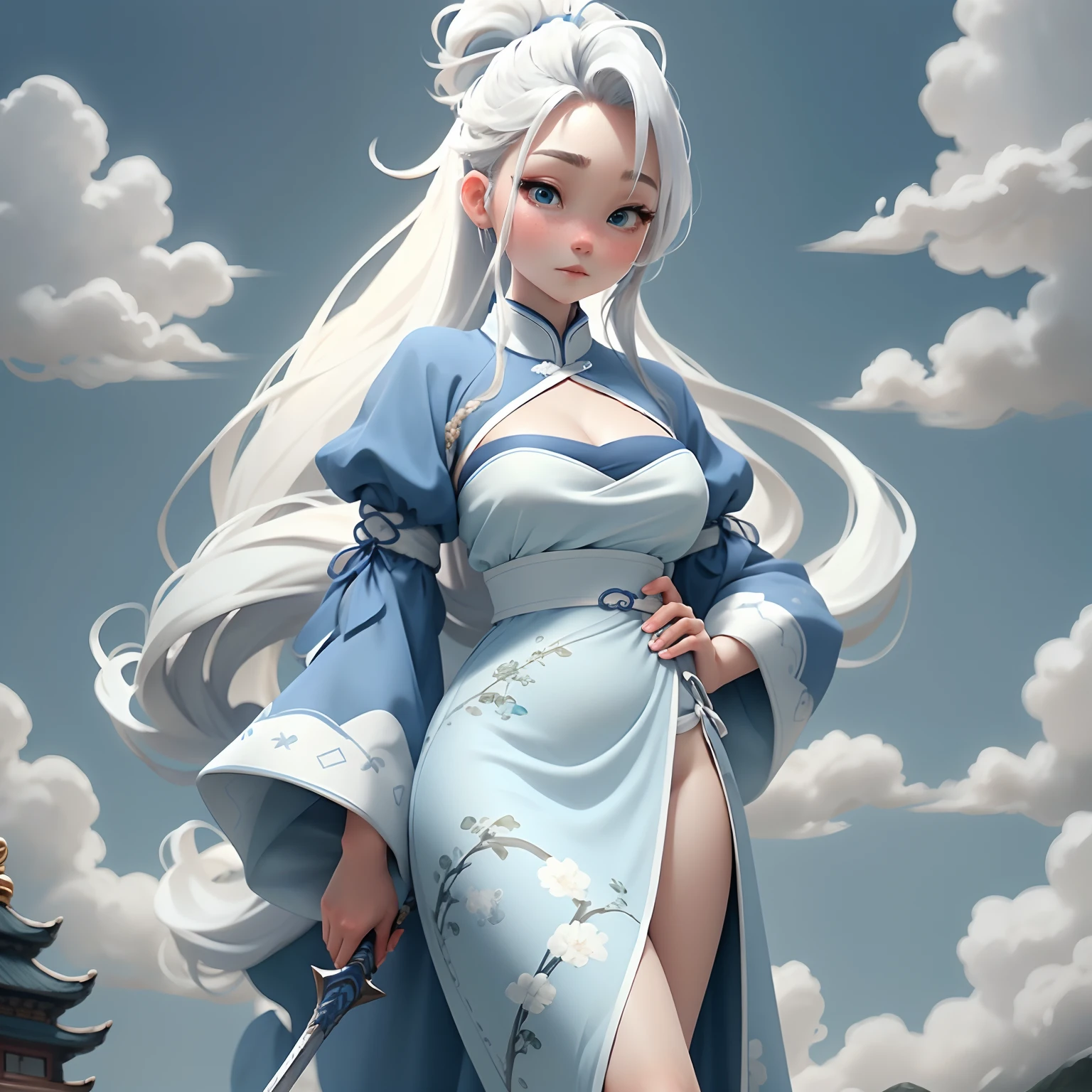 Young girls，Exquisite blue and white Hanfu, Holding a long sword in his hand，Calm face, Perfect detail for the eye，Clear appearance, bun hairstyle, Light-colored hair，High ponytail，long whitr hair,  Stand on a high mountain，Green mountains and white clouds background，Open scenery,Chinese style, closeup cleavage，Best quality at best，4k画质，Ultra-high sharpness,k hd,8K，