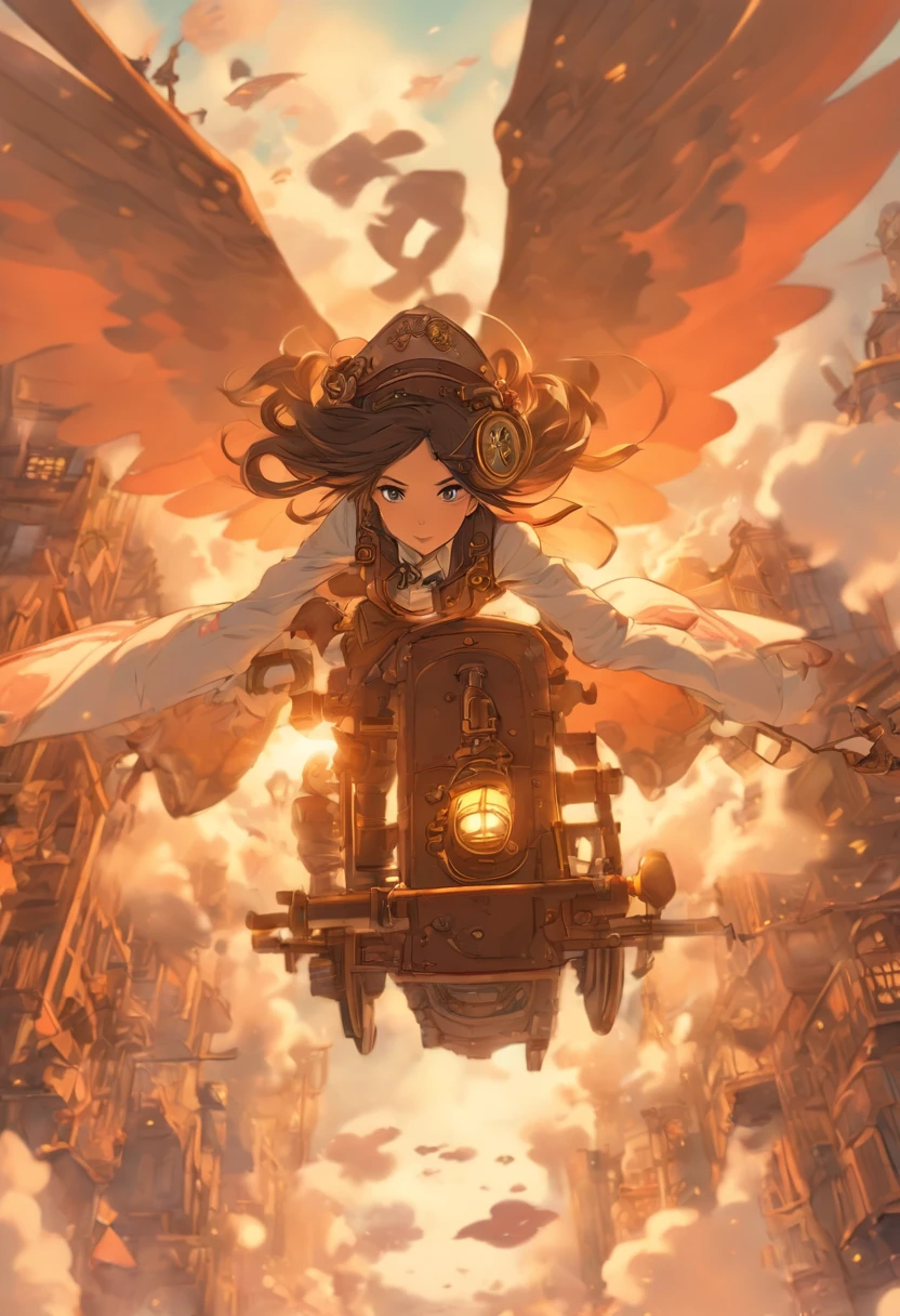 Chinese ink style，Steampunk world，Girl piloting steampunk flying machine，giant mechanical wings，Suspended in the city air，Thick clouds，Ink animation art，Ink comic art，water ink，ink，Smudge，8K，Delicately portrayed，Works of masters，