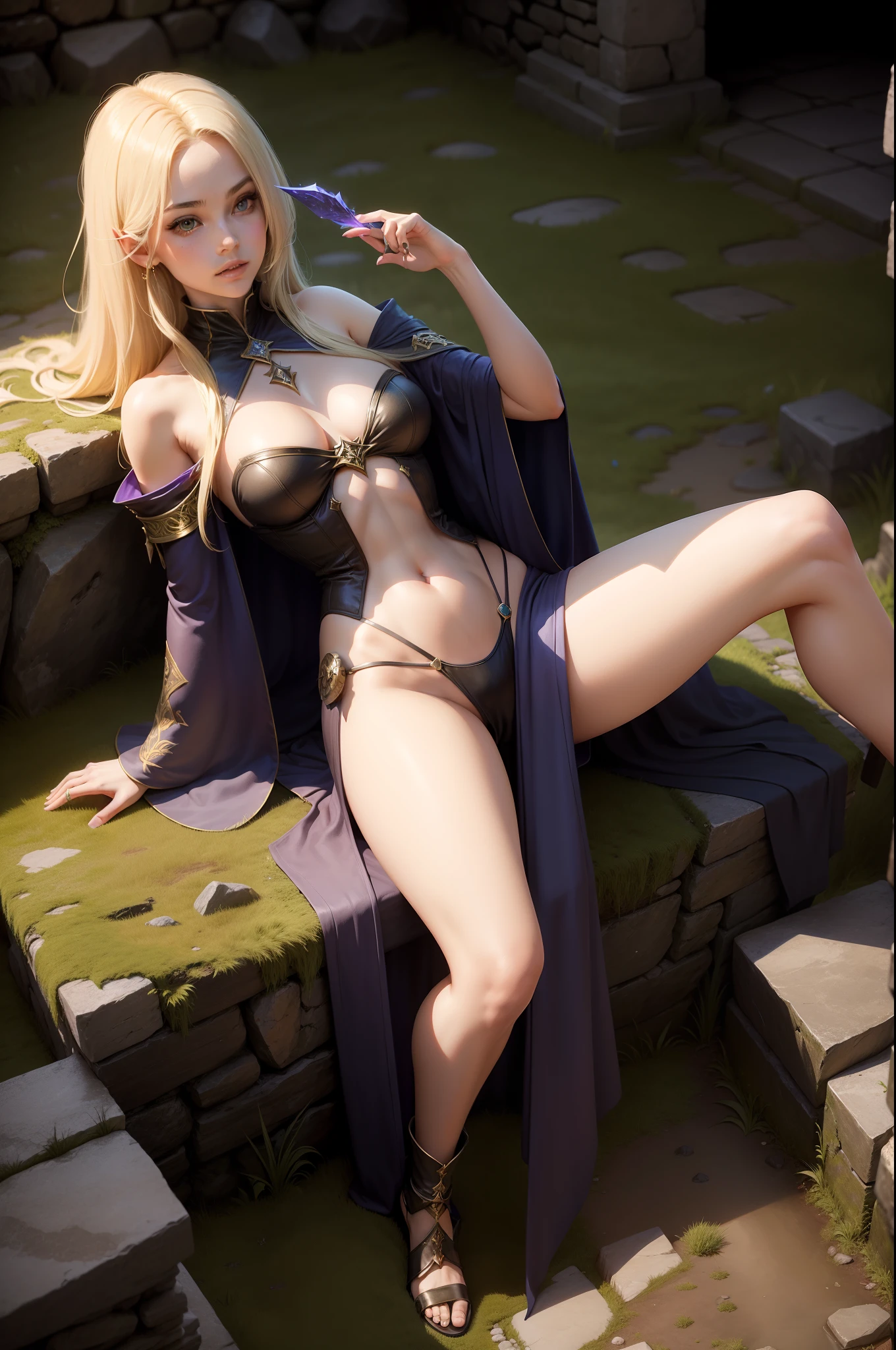 full body shot, 1girl, fantasy sorceress, mage robe, leg slit, blonde, legs, mossy stone walls in background,