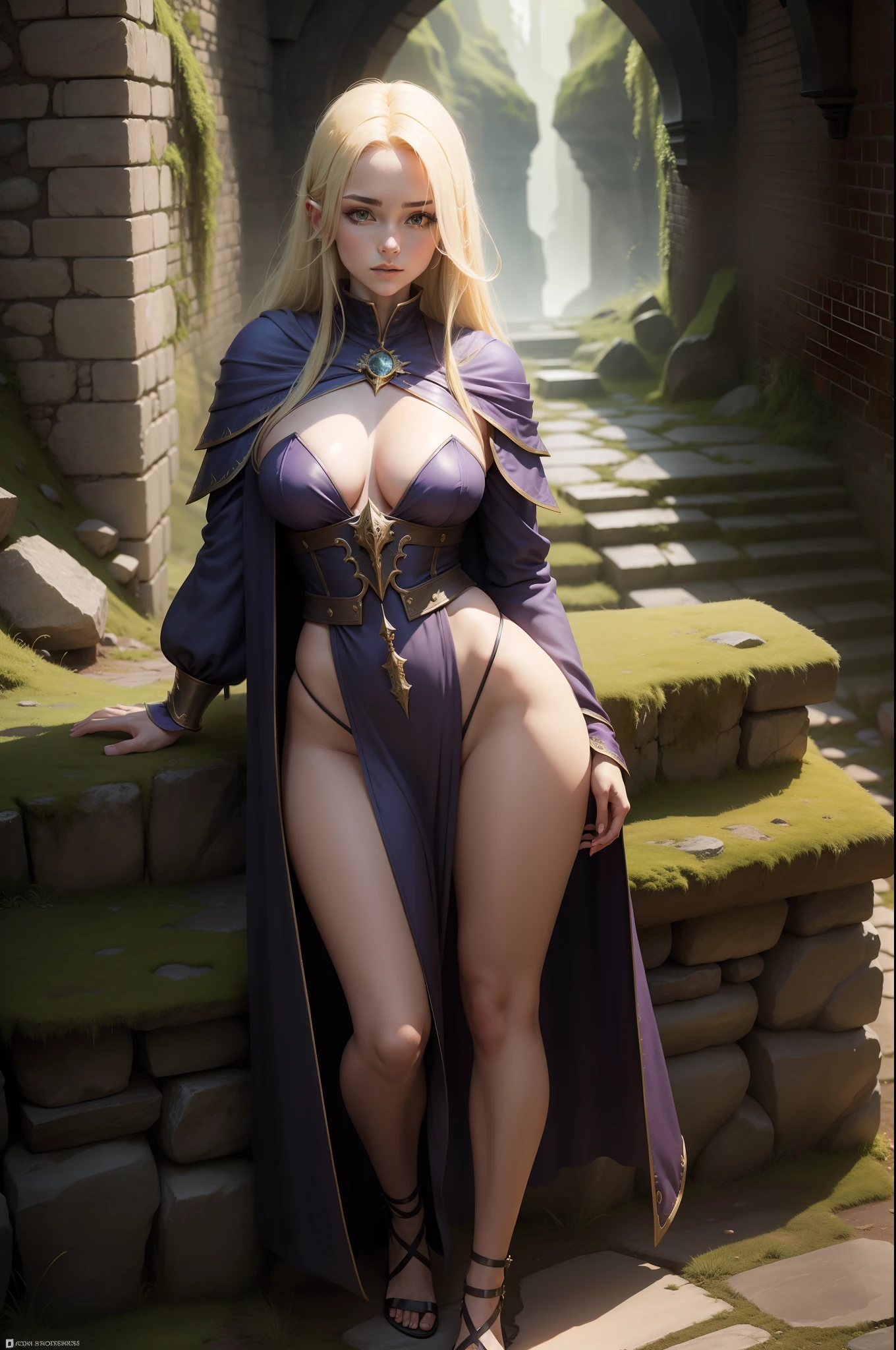full body shot, 1girl, fantasy sorceress, mage robe, leg slit, blonde, legs, mossy stone walls in background,