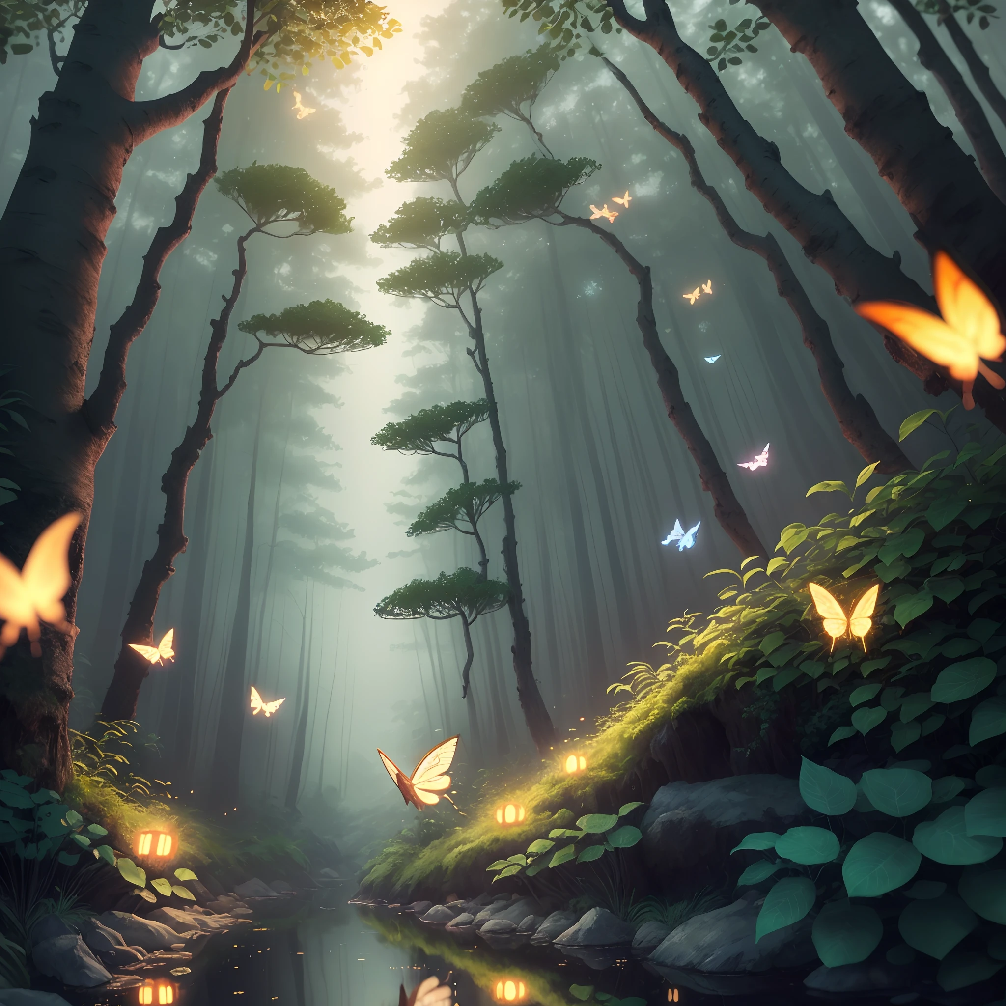 masterpiece、best qualtiy、Stunning reflections、Best reflection ever。 (Highly detailed CG Unity 8k wallpapers)、(top-quality)、(The best illustrations)、(Best Shadows)、Forest theme with natural elements。Tall trees々、Quiet creek、Small glowing mushrooms surrounded by delicate leaves and branches、Fireflies and glowing particle effect、、(Natural elements)、(Jungle theme)、(fronds)、(Twigs)、(fireflys)、butterflys、(delicate)fronds)、(Glow)、(particle effect)。 、Isometric 3D、Octane Rendering、lay tracing、ultra-detailliert、((Little Fairies))