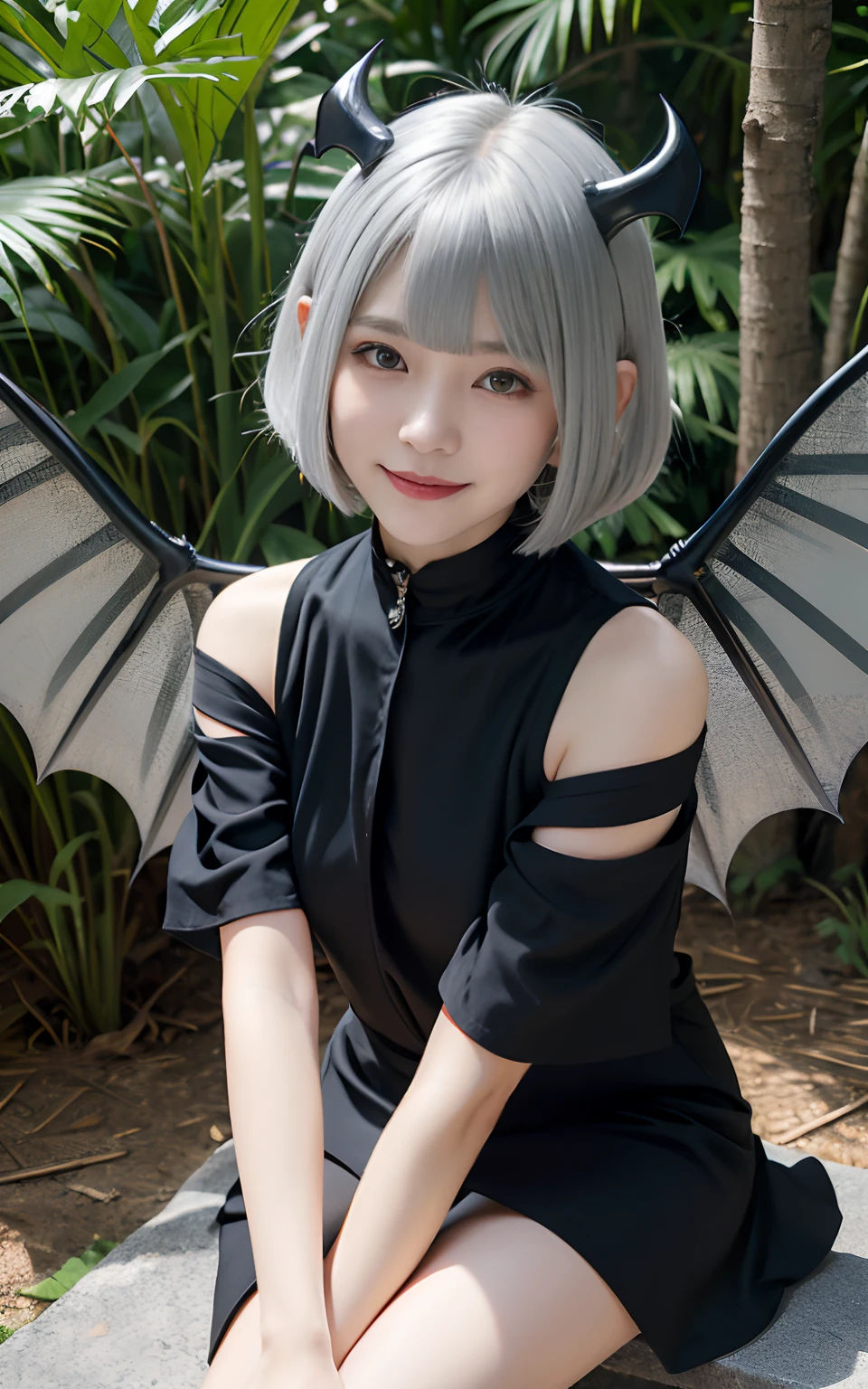 top-quality, 8K, ultra-detailliert, Red Eyes, 1girl in, Devilish appearance, (silver hair in a bob cut:1.5), Eyes are red, eyes gentle, (Carefree smile:1.2), (Black bat wings grow:1.5), (Black cow horns grow:1.3), Black Devilless, beautiful black dress, 独奏, Upper body, 12year old, child, forested background