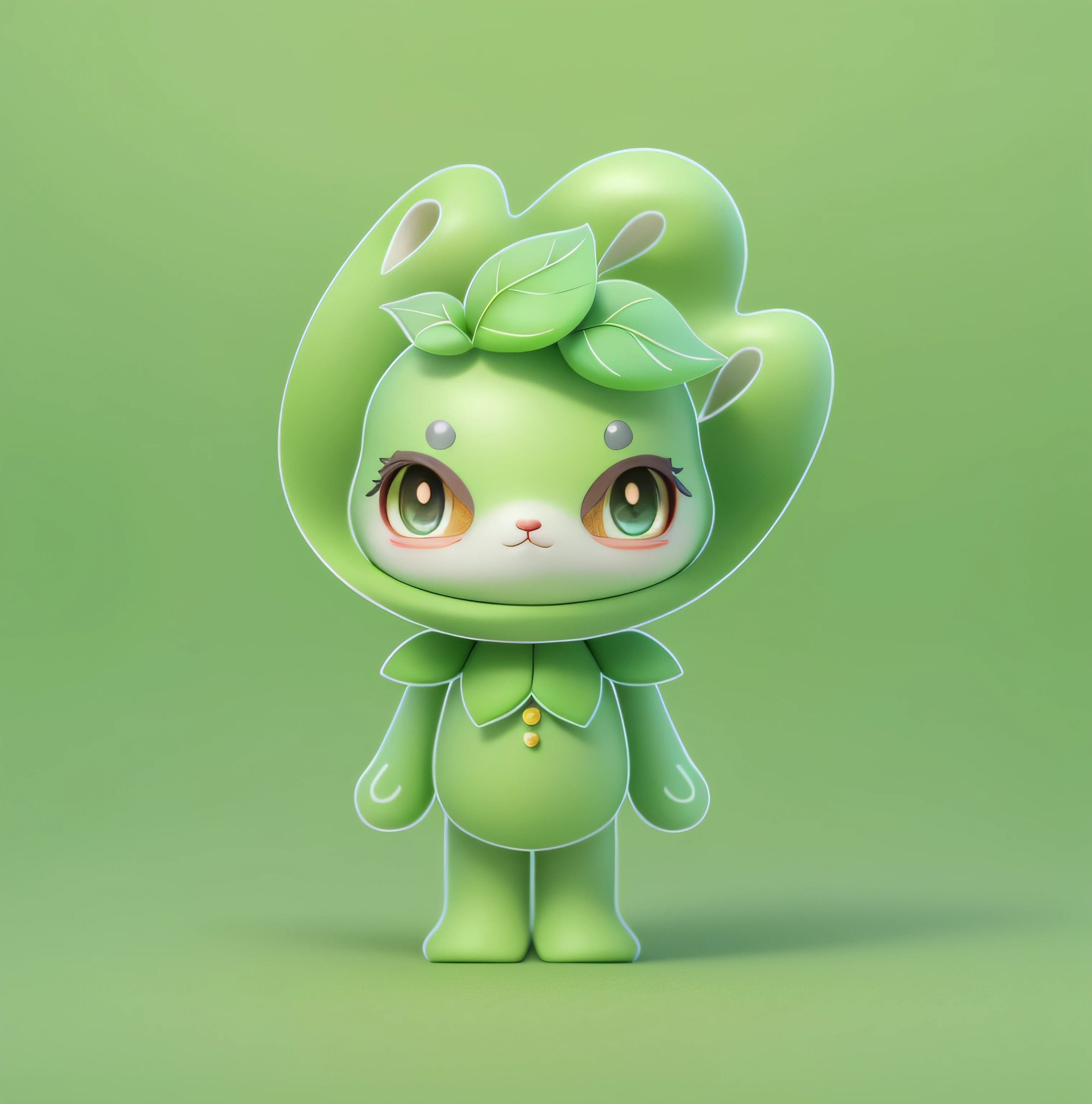 A green 3D character with three leaves on its head, an elf character dressed in green, a light red face, a cute 3D rendering, a cute 3D, Pixar, anime elf character rendering, a cute forest creature, a cute elf character, a full body mascot, its name is Bai La Shu, with full body clothing, a fluffy green belly, and a laurel wreath. Its name is Bai La Shu, a plant monster, a cute 3D image, and a cute detailed digital art, Explorer mini cute characters, 3D rendering programming, 3D rendering character art, 8k, cute digital painting, anime style, super detailed rendering, clean background