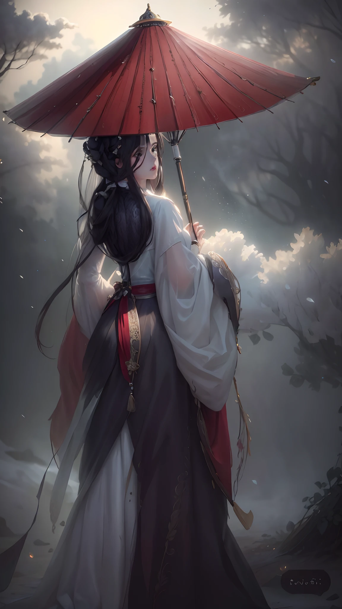 (dramatic, gritty, intense:1.4),masterpiece, best quality, 8k, insane details, intricate details, hyperdetailed, hyper quality, high detail, ultra detailed, Masterpiece,,1girl,solo, hanfu,dress,red ribbon,jewelry,wind,long sleeves,long hair, long hair, hair, dress, back, (white umbrella,)white umbrella,white umbrella,
