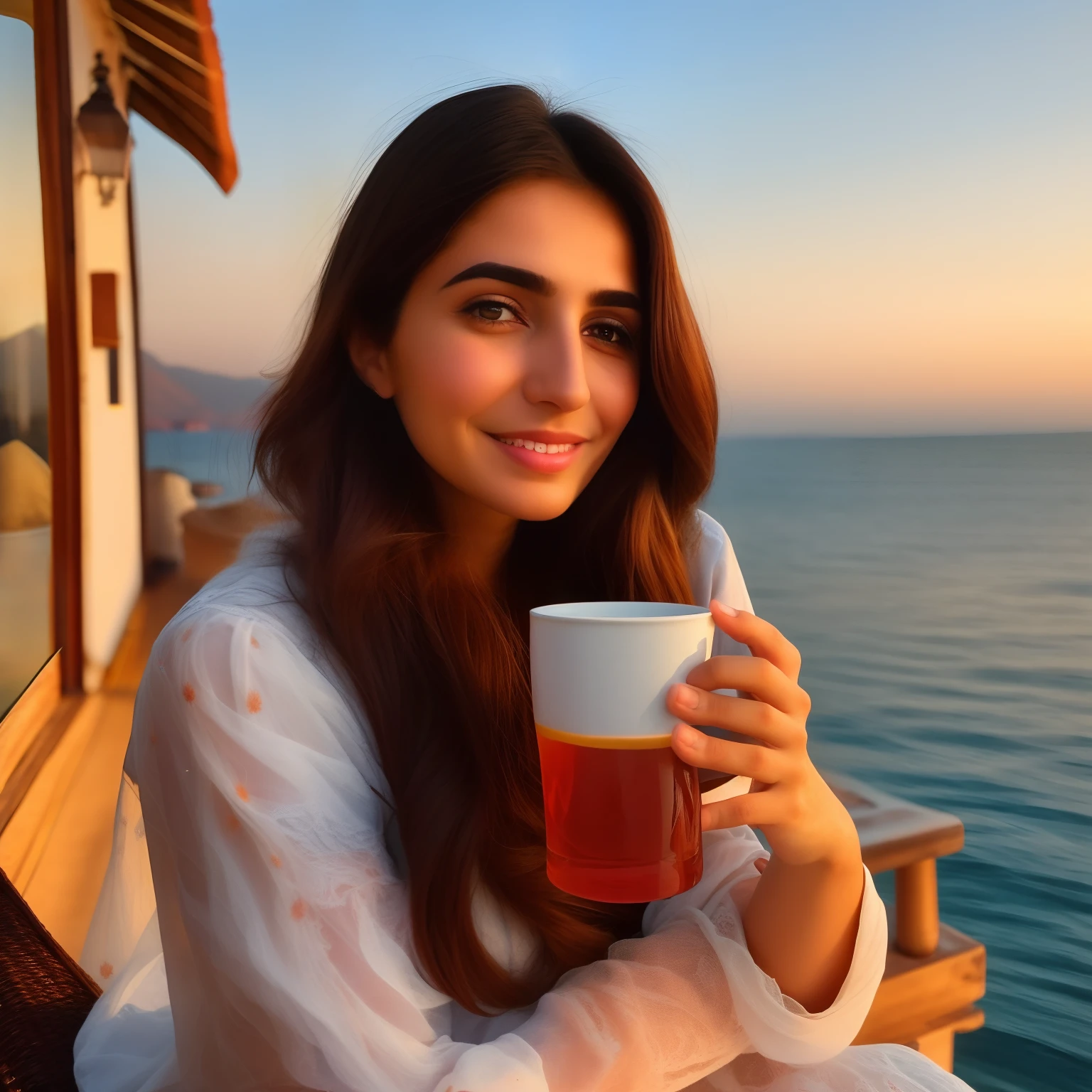 1 Turkish beautiful girl facing the camera, sitting by the sea, drinking ember tea, sunset