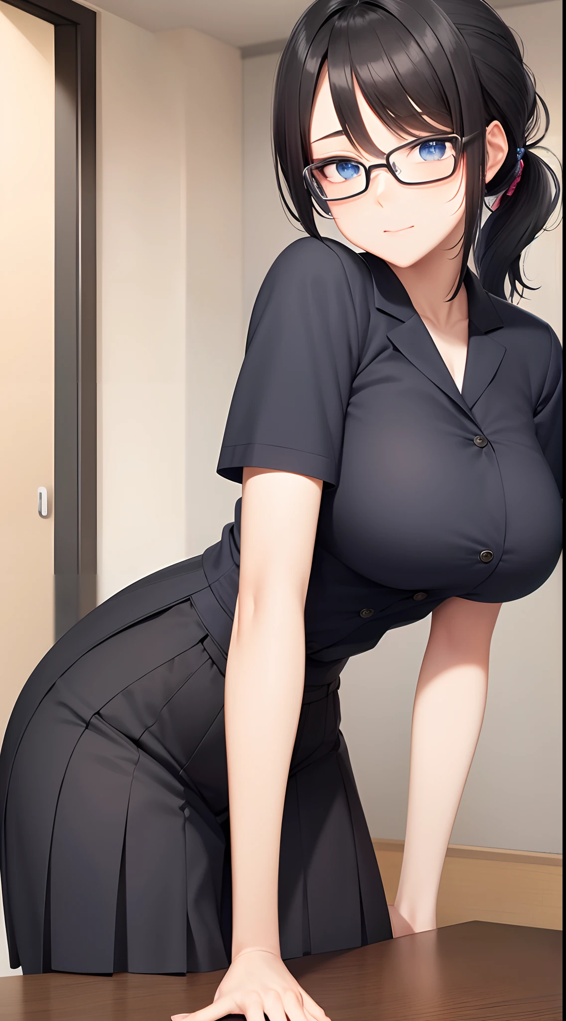 (masterpiece), anime, Best quality, good anatomy, one girl, Hinata Hyuga, (full height), white eyes, Big breasts, realistic face, gloomy face, Looking down, dark hair, short haircut, navel ,bare shoulders, tight black top, decollete, black pencil skirt, tall legs, beautiful legs, office, Reflectors, 8K masterpiece, super detail, film movie, best quality, best ditails, detailed face, detailed eyes, camera from bellow