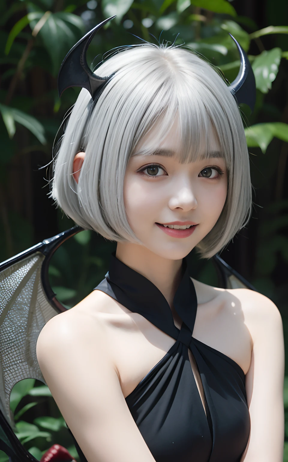 top-quality, 8K, ultra-detailliert, Red Eyes, 1girl in, Devilish appearance, (silver hair in a bob cut:1.5), Eyes are red, eyes gentle, (Carefree smile:1.2), (Black bat wings grow:1.5), (Black cow horns grow:1.3), Black Devilless, beautiful black dress, 独奏, Upper body, 12year old, child, forested background