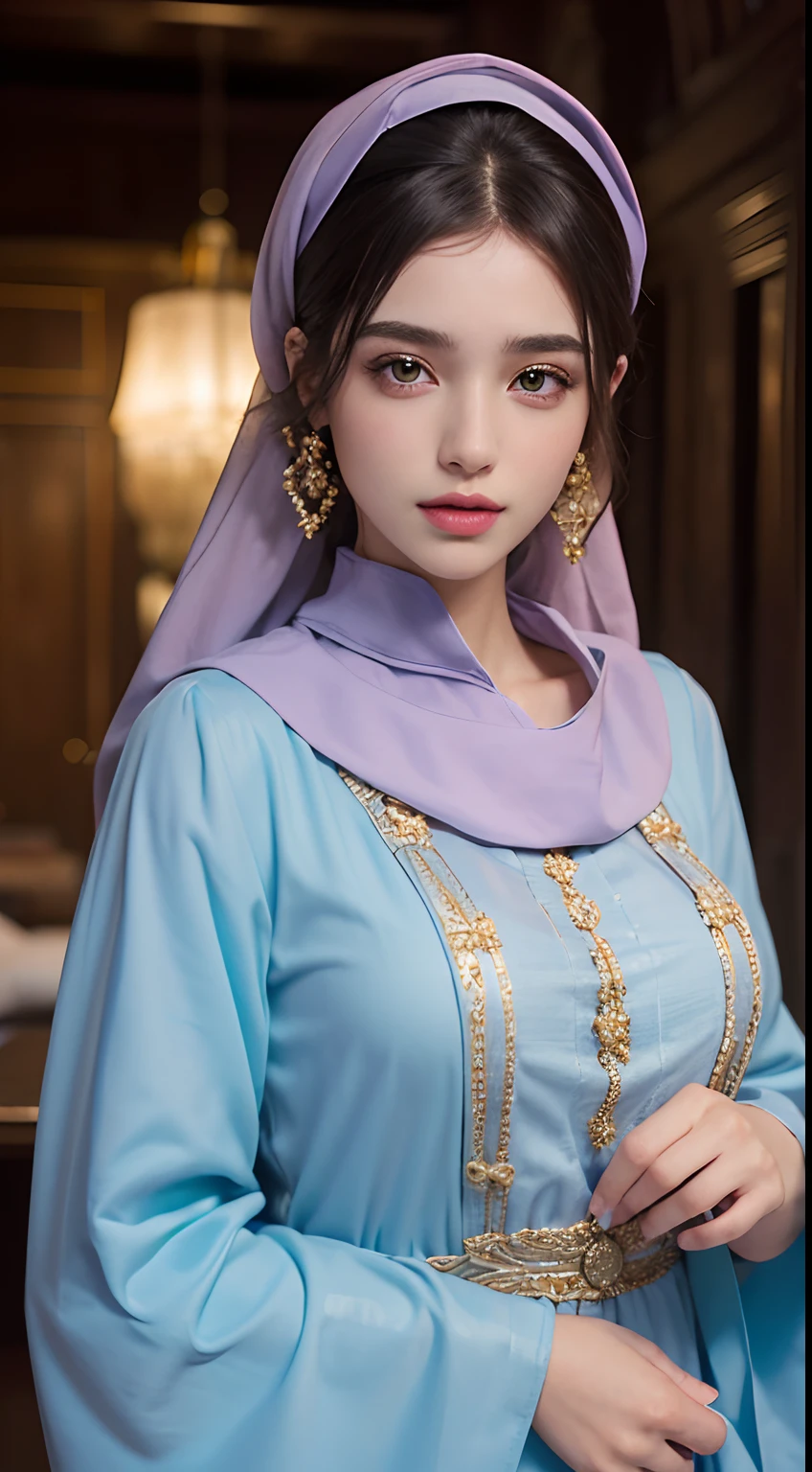 (master piece: 1.3), (8k, photoreallistic, Photo brute, beste-Qualit: 1.4), (1fille), beau visage, (realistic face), (cheveux rouge, cheveux long 1.3), belle coiffure, realistic crystal bright eyes, beautiful detailed eyes brilliant European beauty, (realistic skin), belle peau, (tirer), absurdes, attrayant, ultra highres, ultra realist, highly detailed, Golden Number portant une tenue de caftan islamique marocaine