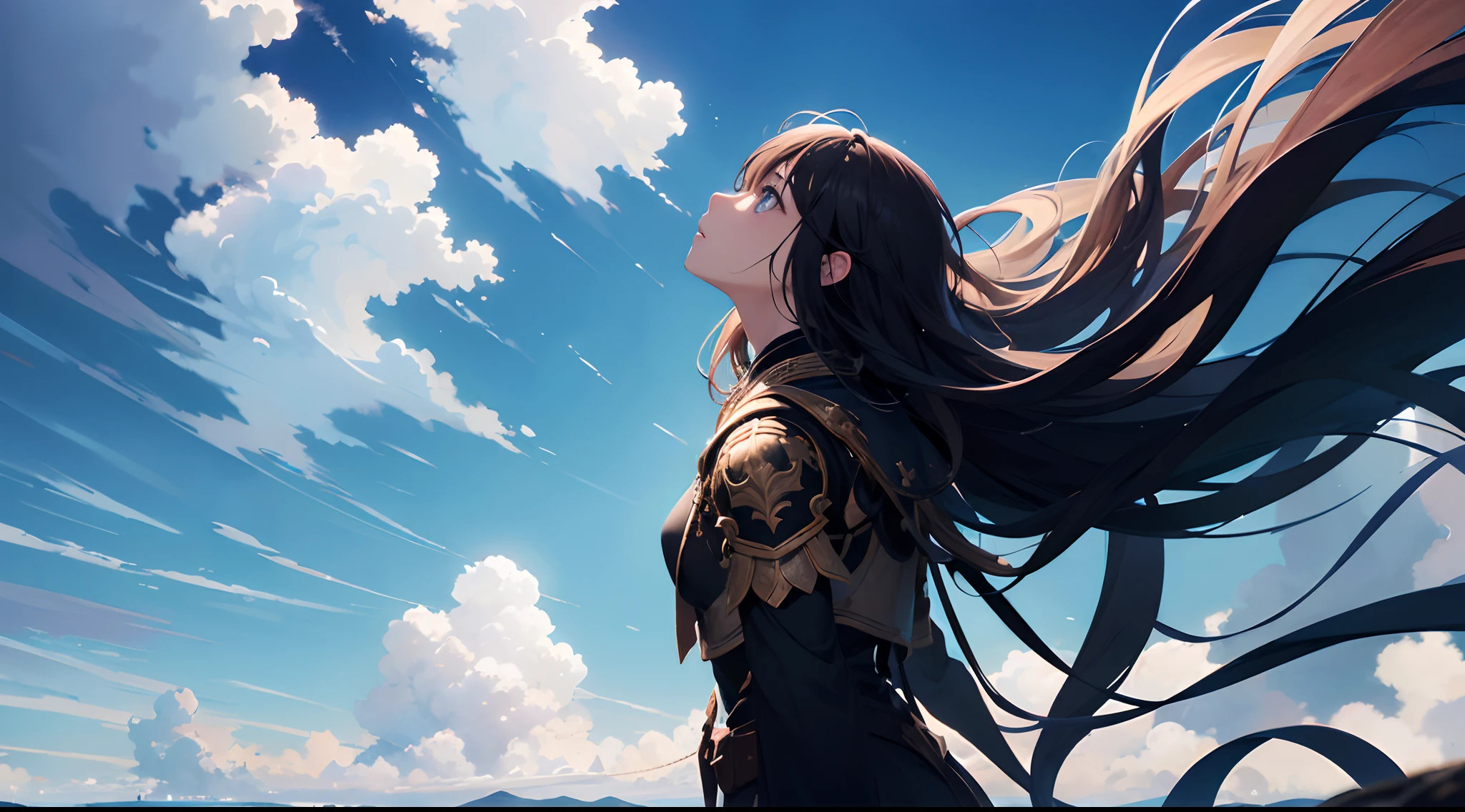 absurdres, highres, (official art, beautiful and aesthetic:1.2), close view,
shining sky, vast world, girl, gazing, awe-inspiring expression, distant horizon, clouds, high hill, natural beauty, inspiration, light effects,