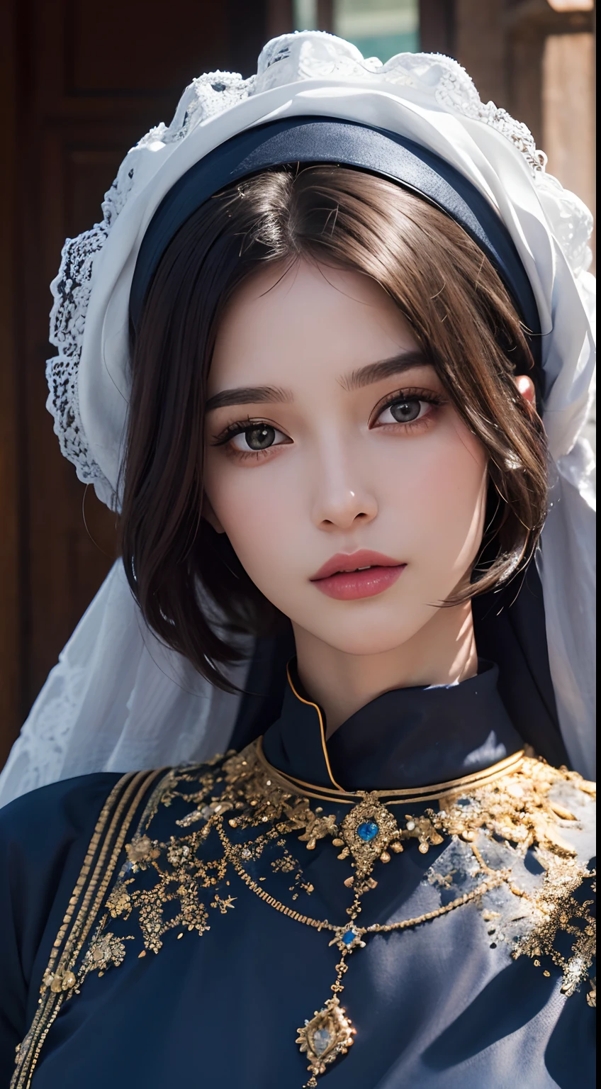 (master piece: 1.3), (8k, photoreallistic, Photo brute, beste-Qualit: 1.4), (1fille), beau visage, (realistic face), (cheveux rouge, cheveux long 1.3), belle coiffure, realistic crystal bright eyes, beautiful detailed eyes brilliant European beauty, (realistic skin), belle peau, (tirer), absurdes, attrayant, ultra highres, ultra realist, highly detailed, Golden Number portant une tenue de caftan islamique marocaine