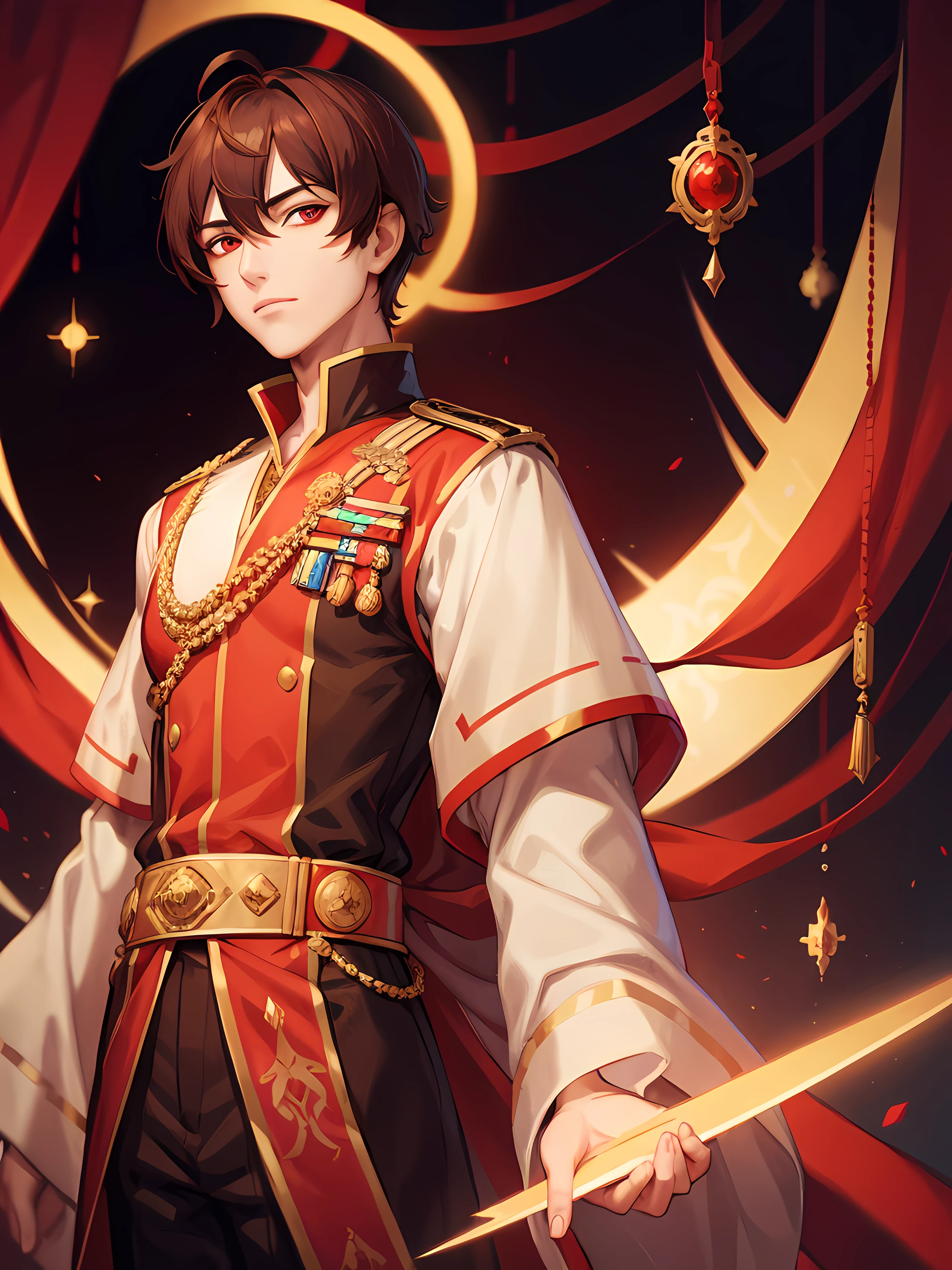 Emperor, male, royal clothes, futuristic theme, portrait, brown hair, red eyes, short hair