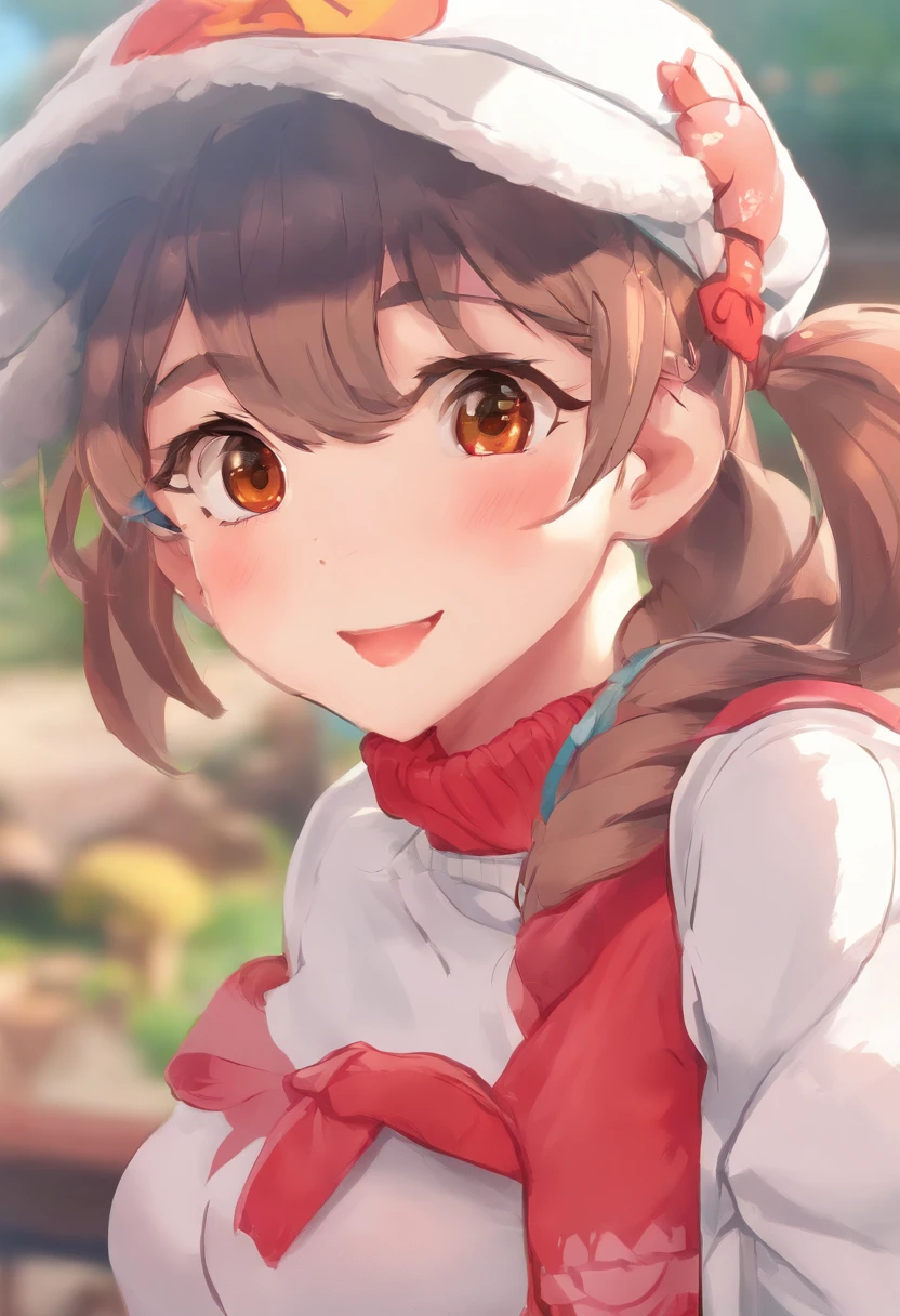 One girl、Bring your arms forward、Hand Par、Close-up of the subject's upper body、Composition of the subject seen from the front、Long Sleeve Red Turtleneck Knit、White shorts、red headwear、Gray ponytail、Pose with one arm thrust forward、