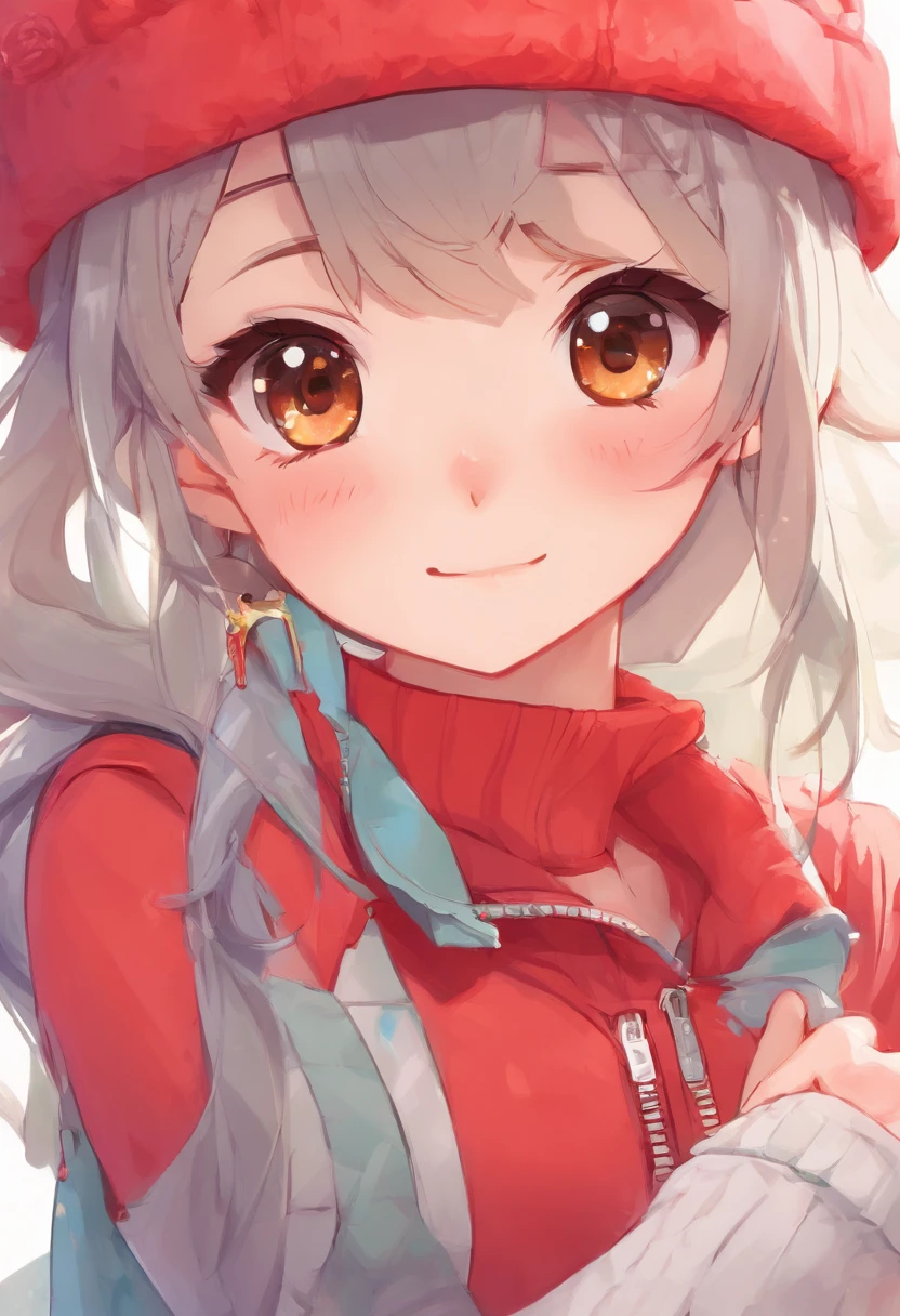 One girl、Bring your arms forward、Hand Par、Close-up of the subject's upper body、Composition of the subject seen from the front、Long Sleeve Red Turtleneck Knit、White shorts、red headwear、Gray ponytail、Pose with one arm thrust forward、