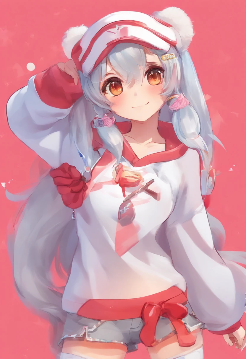 One girl、Bring your arms forward、Hand Par、Close-up of the subject's upper body、Composition of the subject seen from the front、Long Sleeve Red Turtleneck Knit、White shorts、red headwear、Gray ponytail、Pose with one arm thrust forward、