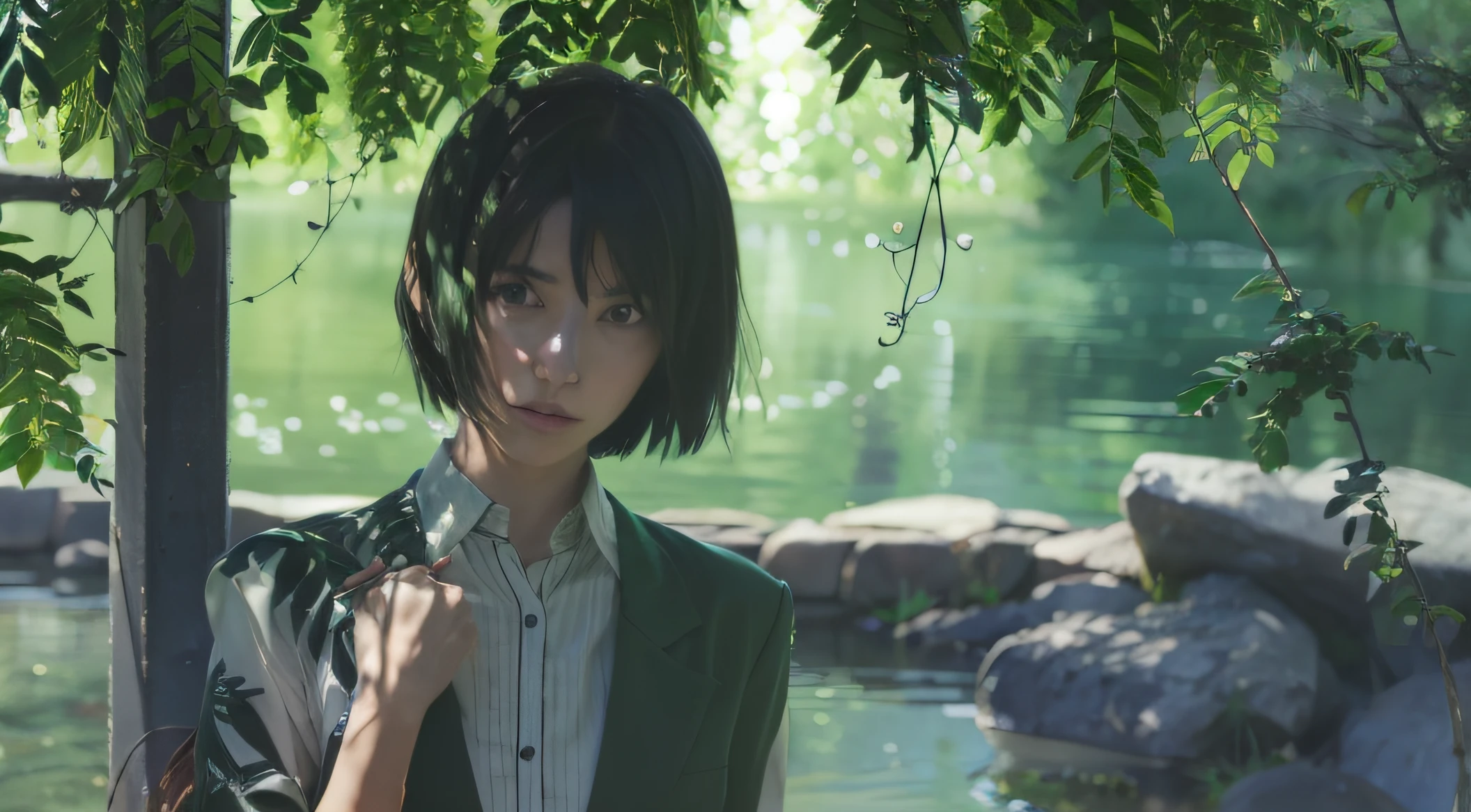 Woman with dark hair and green eyes standing in front of a pond, makoto shinkai, makoto shinkai's garden of words