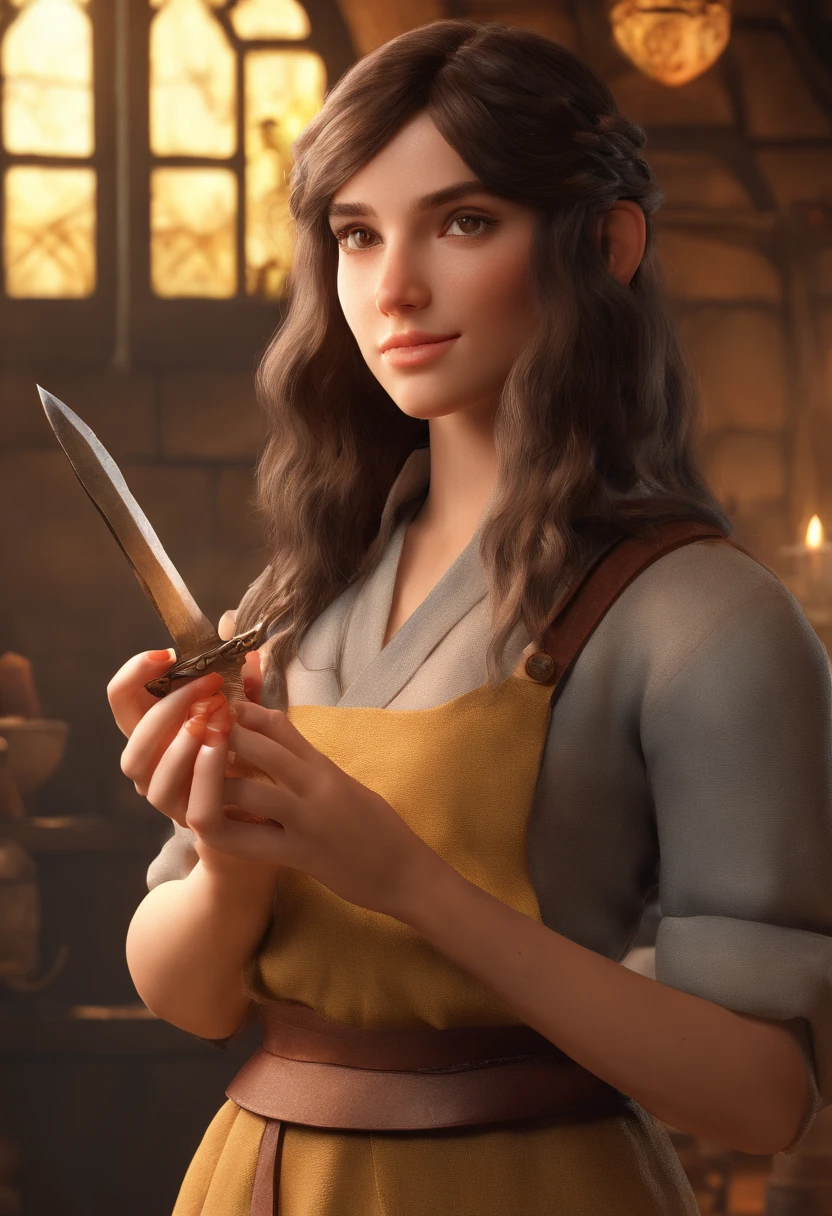 1girl, 18 years old, (((perfect fingers and short finger nails))), holding a sharp dagger ready to stab, sneaking through a well lit house of a hobbit, beautiful perfect hands and short finger nails , 8k ultra-realistic, pastel color scheme, soft lighting, golden hour, tranquil atmosphere