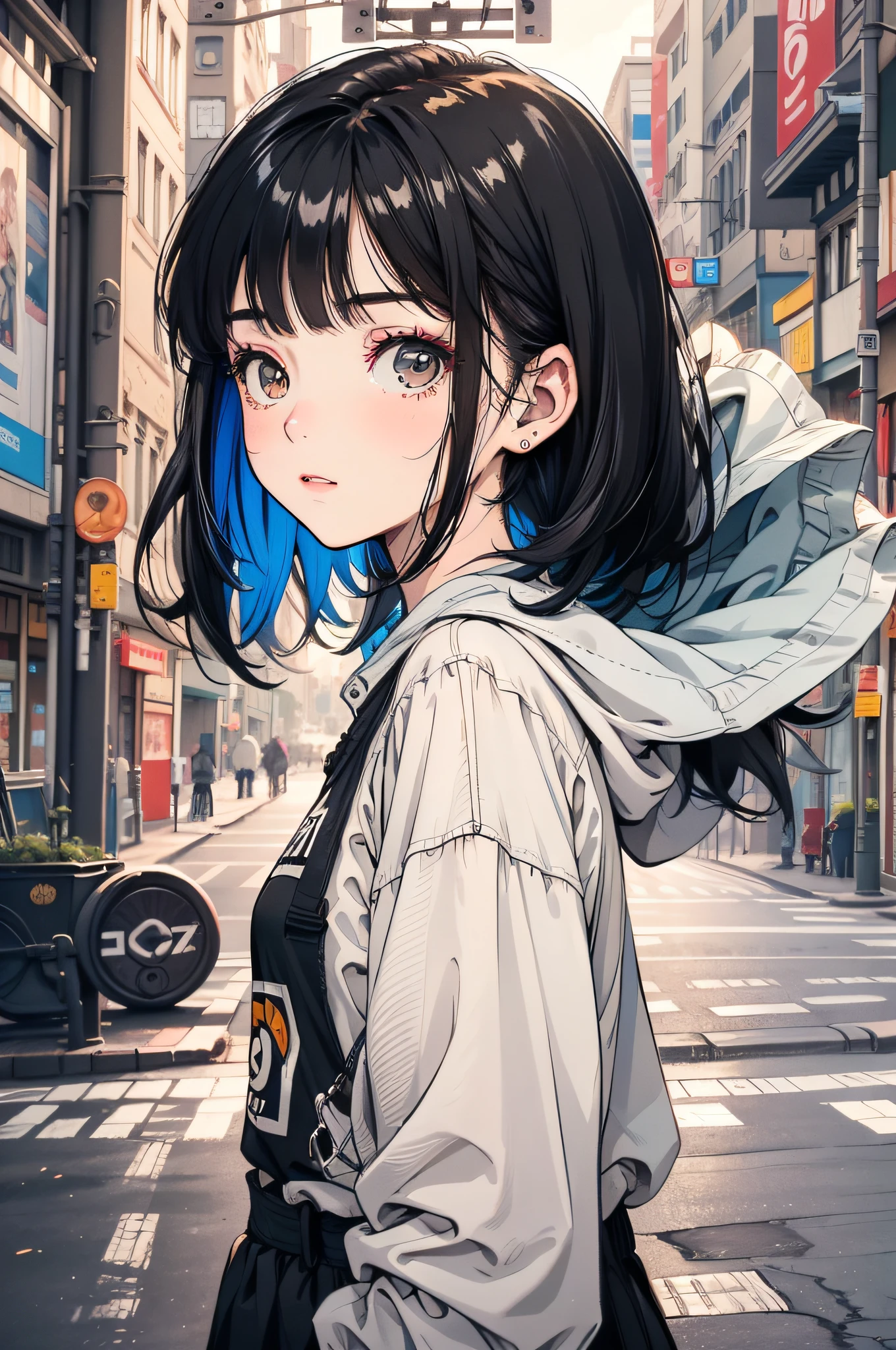 18 years old young girl : 1.3, Short black hair: 1.2, Casual wear: 1.2, Daytime: 1.2, On the street: 1.2, cinmatic lighting, surrealism, hyper HD, ccurate, Super detail, Textured skin, High detail, Best quality, 8K