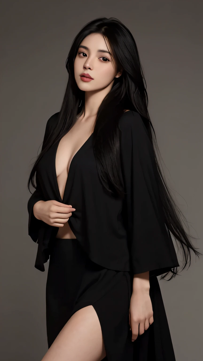best qualtiy, tmasterpiece, 超高分辨率, (realisticlying:1.5),arafed woman with long black hair posing for a picture ,RAW photogr,perfect figure beautiful woman:1.4, in the darkness nigth, deep shading, low tune, cold light,long whitr hair,Dark brown background,closeup cleavage, Female with long black hair, long windblown black hair, perfect silky straight hair, Long flowing black hair, Black silky hair, Thin, shiny long black hair, long thin black hair, long curvy black hair, The flowing black hair is long, long black shiny hair, Flowing black hair, long flowing dark hair,Magazine style