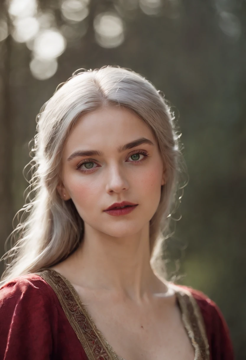 (((A crimson wound streaked across her left cheek))) Fair complexion, A woman around 19 years old, Natural gray hair, Unique green eyes, Wear Cole, Slender and graceful, Beautiful, Candlelight in a medieval setting, super sharp focus, realistic lens, Medieval women's clothing, Four colors (Scar:1.4)