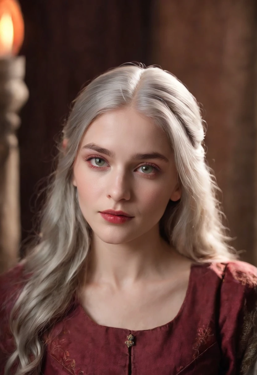 (((A crimson wound streaked across her left cheek))) Fair complexion, A woman around 19 years old, Natural gray hair, Unique green eyes, Wear Cole, Slender and graceful, Beautiful, Candlelight in a medieval setting, super sharp focus, realistic lens, Medieval women's clothing, Four colors (Scar:1.4)