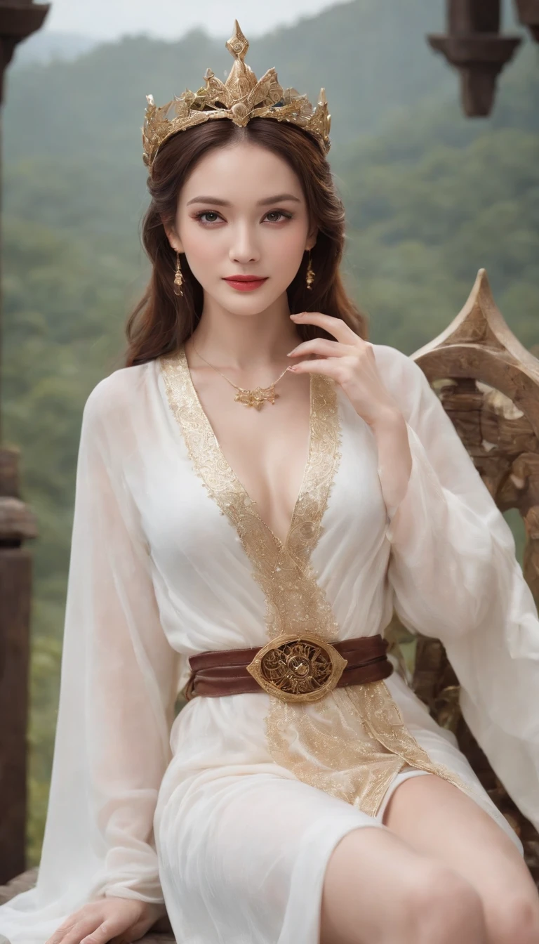 Smiling expression. She is sitting and posing with her legs spread. Generate images of female wizard with sexy robes (Raw legs or tights) And the mysterious magic wand. Give this image a magical aura and starry glow. Next, Add a wizard's sexy robe with a design that emphasizes the lines of the body, With slits and gold thread embroidery that gives a special touch. reeds, Combining accessories and headpieces, Star-shaped jewel-studded necklace, Matching rings and earrings. Finally, Complete the female wizard atmosphere with eyeshadow and glowing lips. location: beneath the stars, Mystical altar lined with huge ancient stone circles. This location is、Match moonlight and starlight.、Provides an atmosphere that complements the wizard's costume.、Japan person model