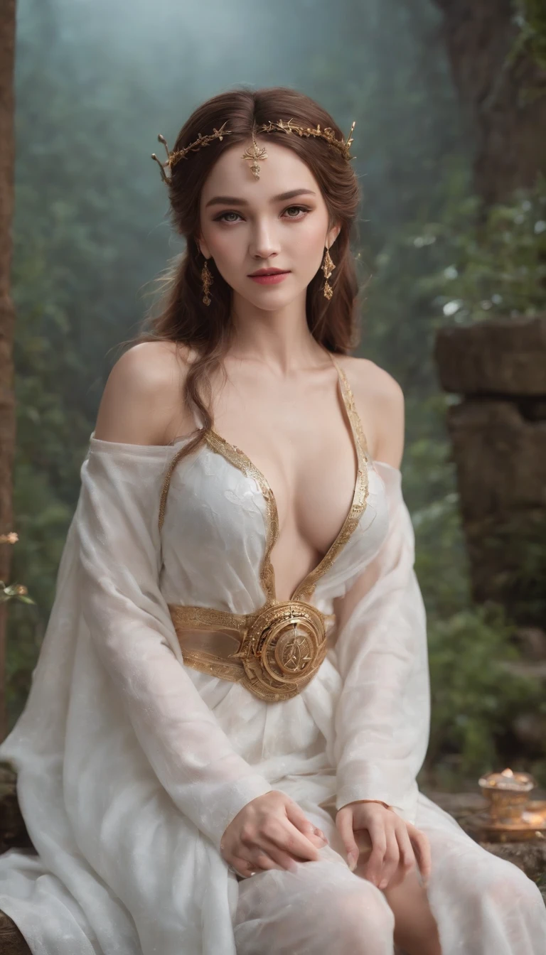 Smiling expression. She is sitting and posing with her legs spread. Generate images of female wizard with sexy robes (Raw legs or tights) And the mysterious magic wand. Give this image a magical aura and starry glow. Next, Add a wizard's sexy robe with a design that emphasizes the lines of the body, With slits and gold thread embroidery that gives a special touch. reeds, Combining accessories and headpieces, Star-shaped jewel-studded necklace, Matching rings and earrings. Finally, Complete the female wizard atmosphere with eyeshadow and glowing lips. location: beneath the stars, Mystical altar lined with huge ancient stone circles. This location is、Match moonlight and starlight.、Provides an atmosphere that complements the wizard's costume.、Japan person model