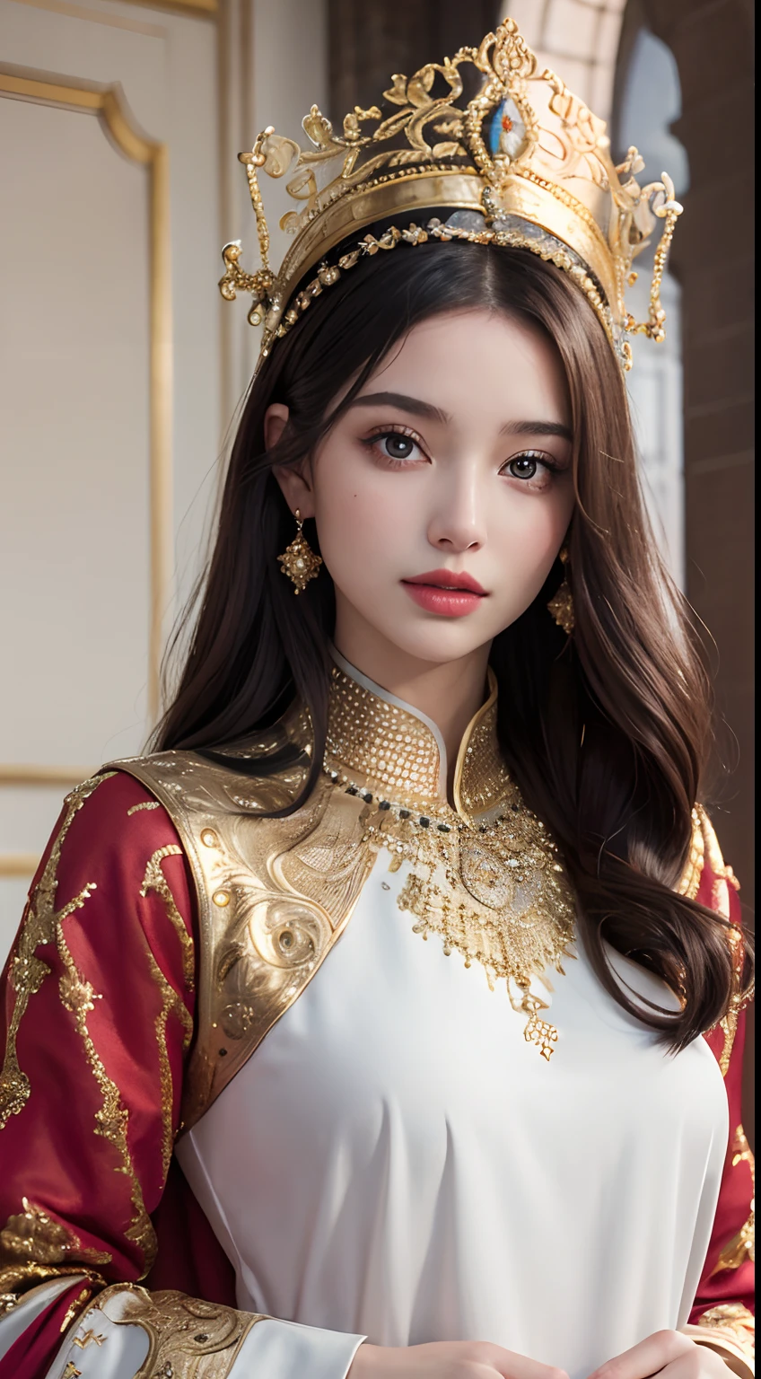 (master piece: 1.3), (8k, photoreallistic, Photo brute, beste-Qualit: 1.4), (1fille), beau visage, (realistic face), (cheveux rouge laires, cheveux long 1.3), belle coiffure, realistic crystal bright shining eyes, beautiful detailed eyes brilliant European beauty, (realistic skin), belle peau, (tirer), absurdes, attrayant, ultra highres, ultra realist, highly detailed, Golden Number wearing a Moroccan Islamic caftan outfit half red half white