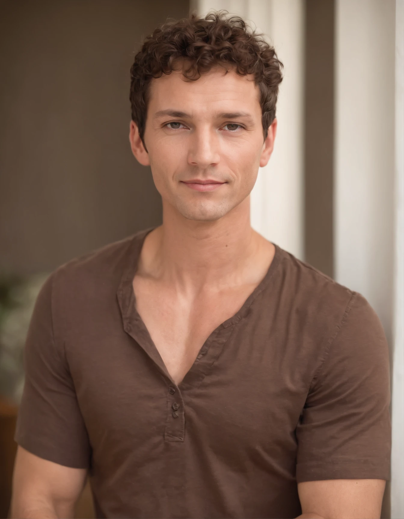 a hadsom man Tall and fit , (40 years old:1.3), (shaven:1.2), ( very short brown fine curly hair:1.5),(very short hair:1.6). wearing light fit shirt , natural sunlight, light colors, bokeh style, super fine detail style, high quality photo, (in bedroom:1.3)