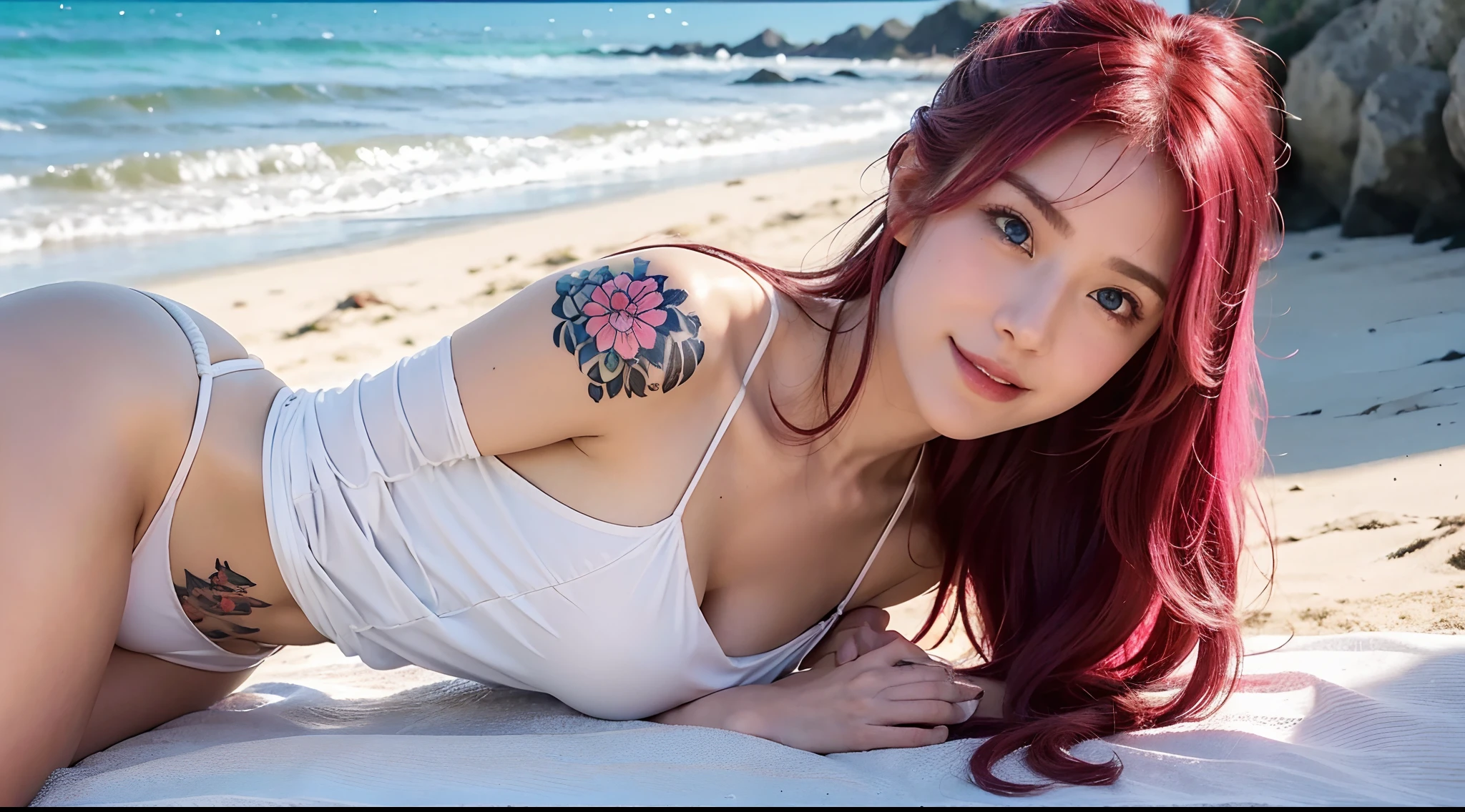 1girl, solo (solo:1.2), beautiful girl (30 years old), MILF, cute smile, beautiful face, blue eyes, sunglasses, scenery beachside, long hair, pink hair: 1.2, long hair, bangs, flower hair ornament, hair pin, hair bun, off-shoulders, bare shoulders, (full-body), looking at viewers, (elegant Bikini:1.4, pattern, white color), Big Breasts:1.1, oversize breasts, perfect full breasts, highest quality, ultra-detailed, hyper detail face, detailed face: 1.2, round breasts, irezumi tattoo style, tattoo on breasts, tttattoo